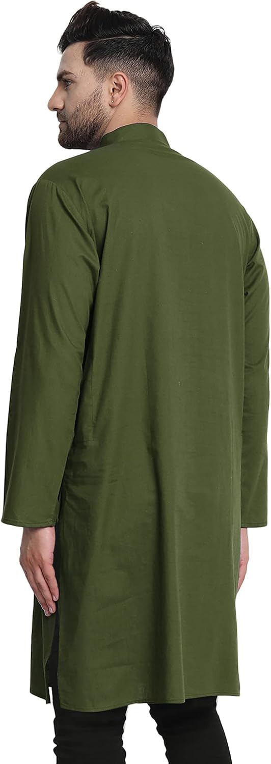 In-Sattva Men's Indian Classic Banded Collar Pure Cotton Long Kurta Tunic