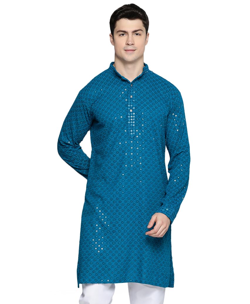 Maple Clothing Sequined Indian Cotton Men's Kurta Pajama Chikankari Embroidered Wedding Guest Outfit