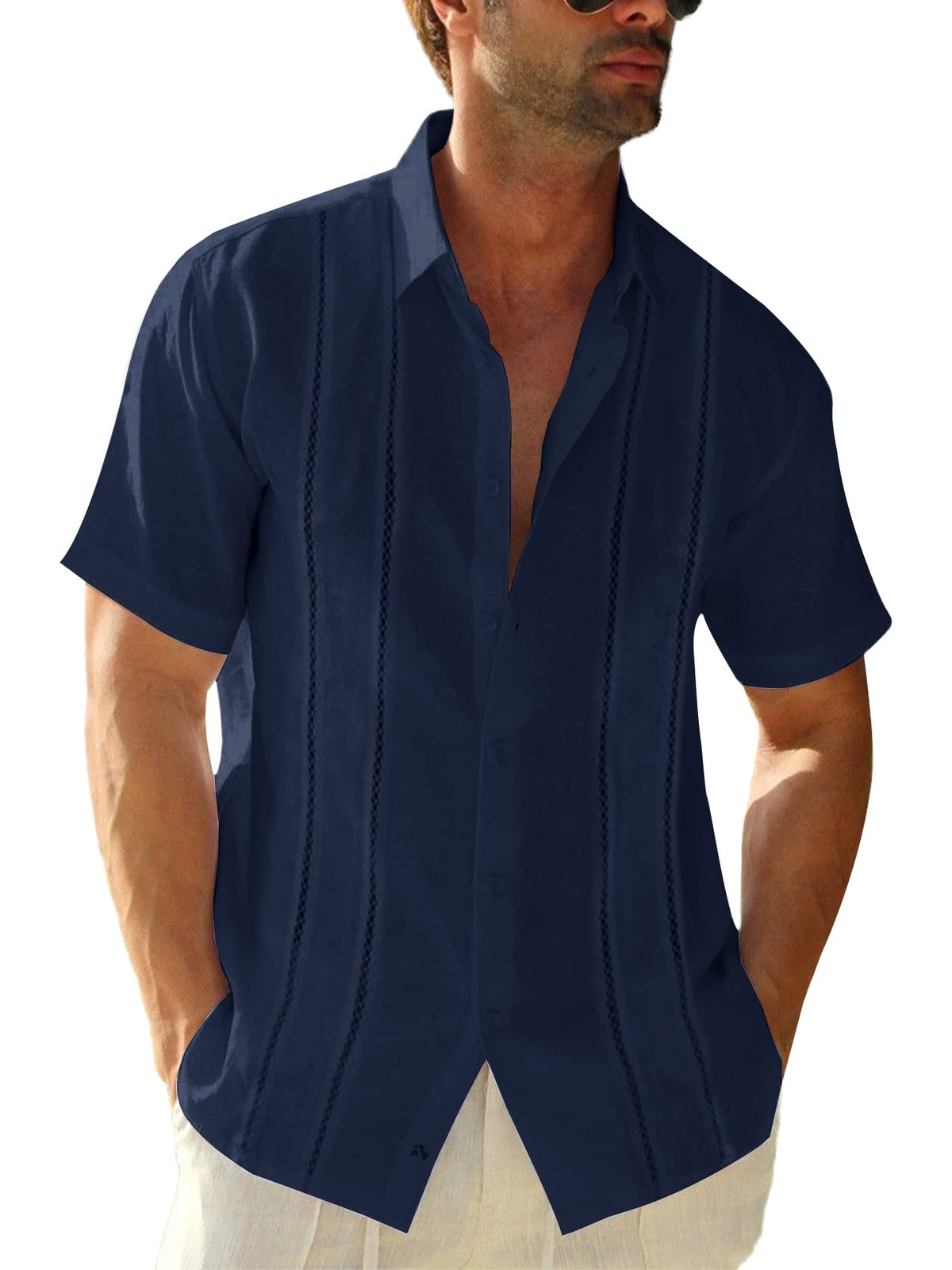 Runcati Mens Short Sleeve Guayabera Shirts Linen Button Down Cuban Shirt