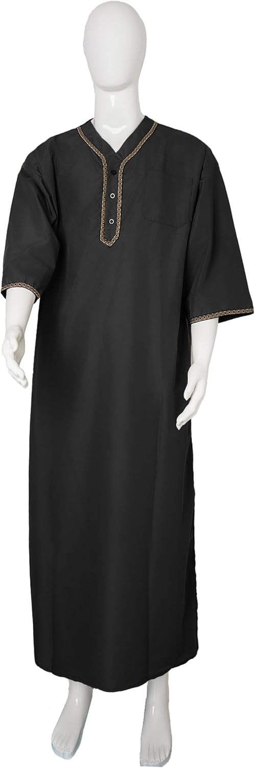 Mens Kaftan Thobe V-Neck Half Sleeve Muslim Robe Dubai Long Gown Saudi Arab Thobe Robes for Summer Beach
