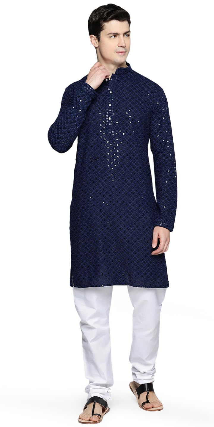 Maple Clothing Sequined Indian Cotton Men's Kurta Pajama Chikankari Embroidered Wedding Guest Outfit