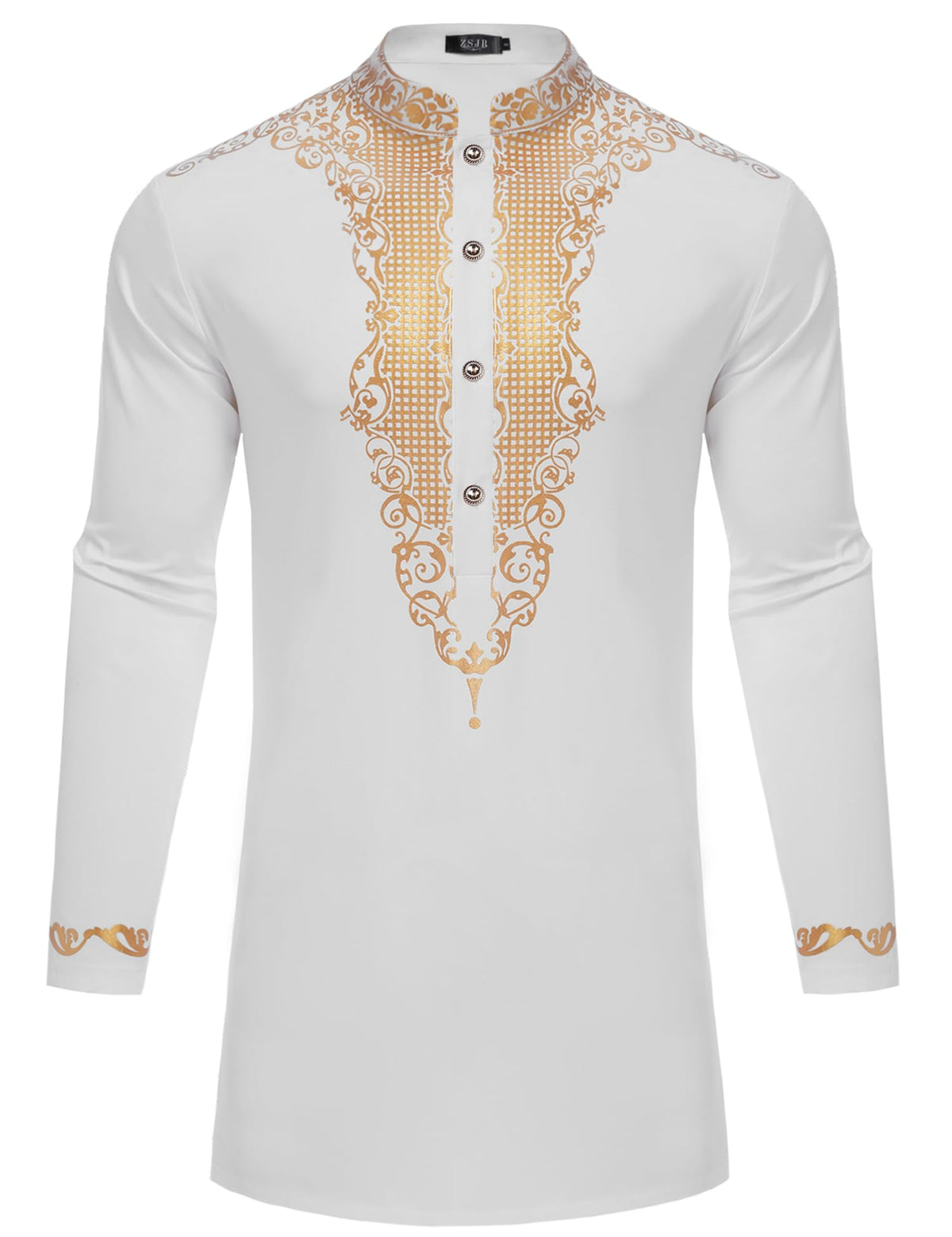 Mens Nigerian Dashiki Shirt African Print Tunic Top Button Placket Metallic Gold Stamp Traditional Clothing for Wedding Party