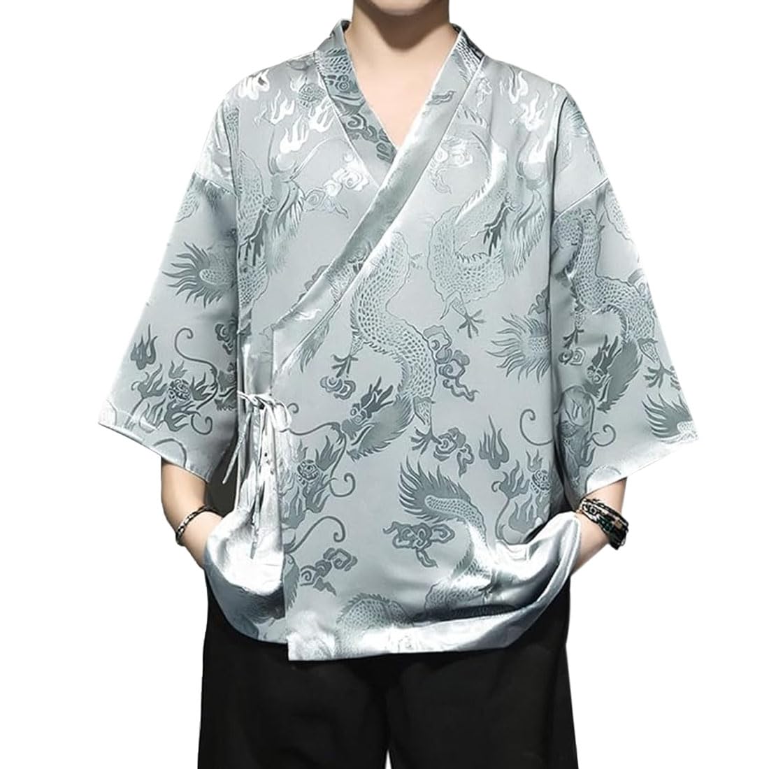 HZCX FASHION Cardigan Kimono for Men Black Silk Satin Robe Mens Lightweight Traditional Hanfu Silky Chinese Dragon Shirt