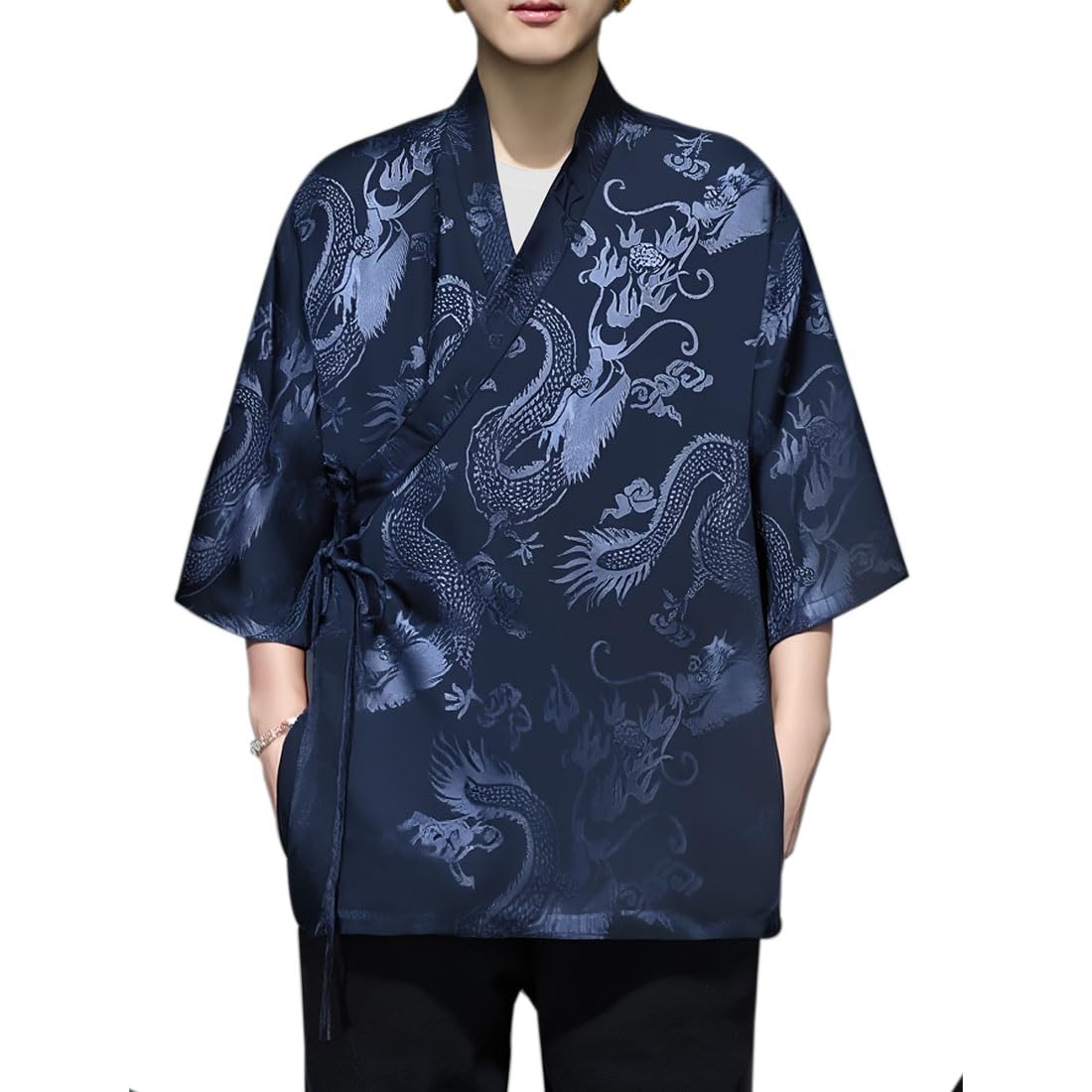 HZCX FASHION Cardigan Kimono for Men Black Silk Satin Robe Mens Lightweight Traditional Hanfu Silky Chinese Dragon Shirt