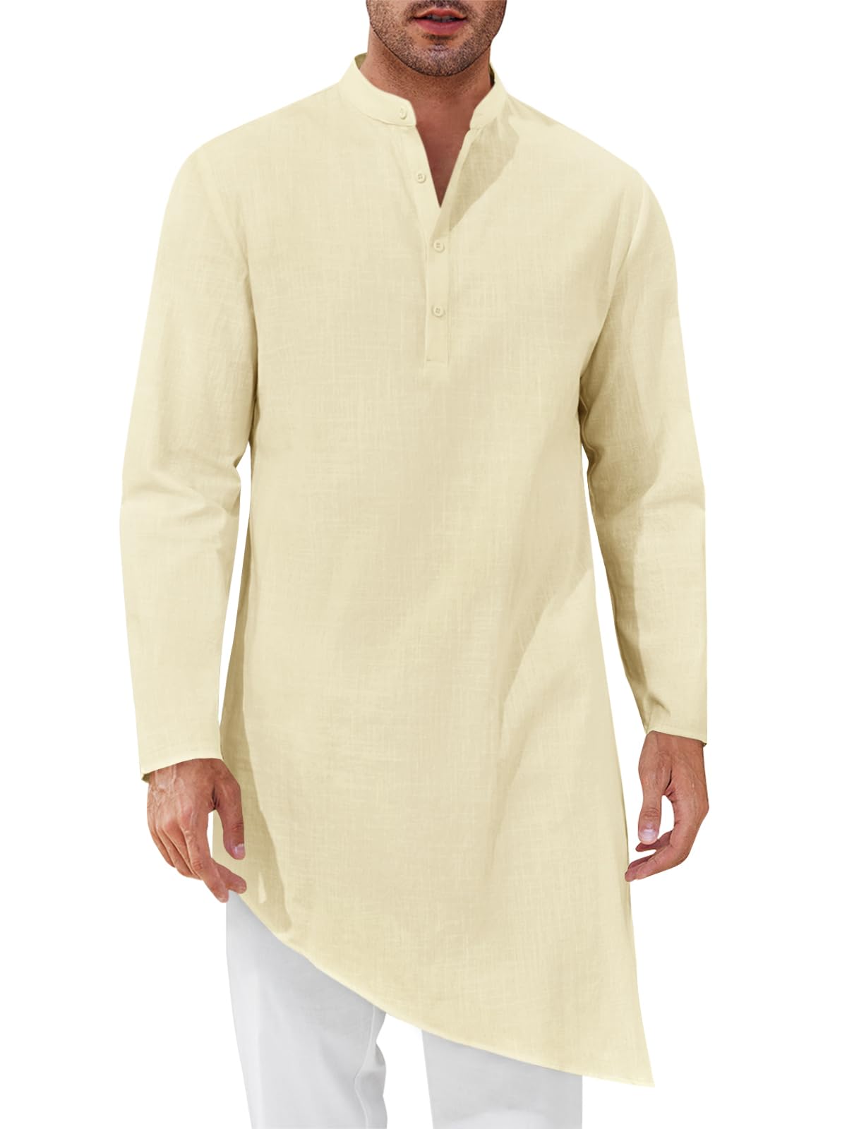 Runcati Mens Kaftan Robe Thobe Cotton Long Sleeve Henley Shirt Casual Muslim Gown Kurta Tops
