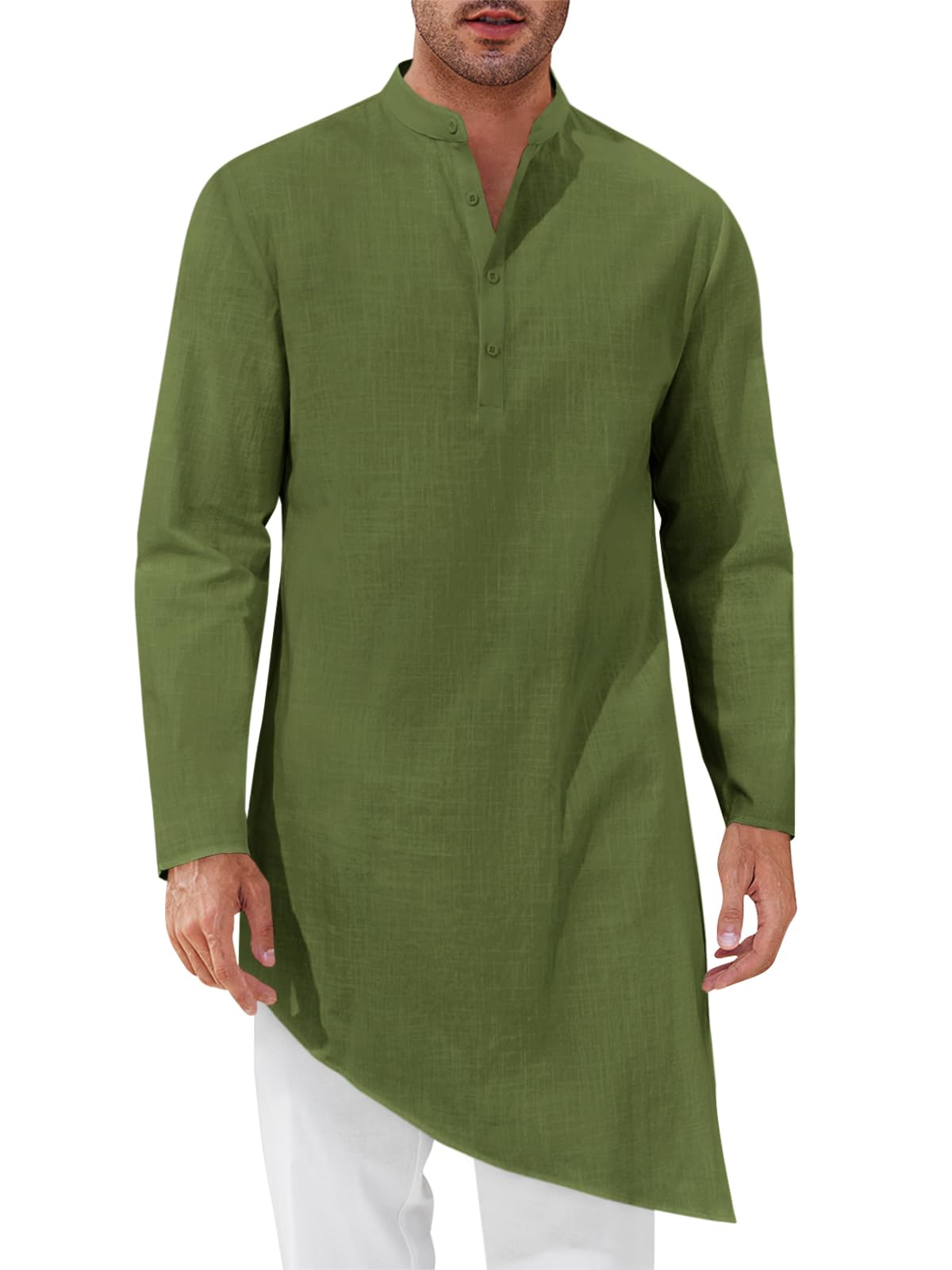 Runcati Mens Kaftan Robe Thobe Cotton Long Sleeve Henley Shirt Casual Muslim Gown Kurta Tops