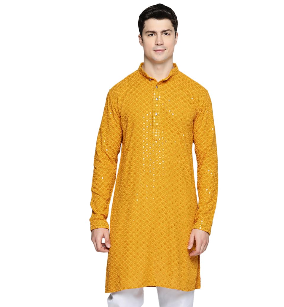 Maple Clothing Sequined Indian Cotton Men's Kurta Pajama Chikankari Embroidered Wedding Guest Outfit