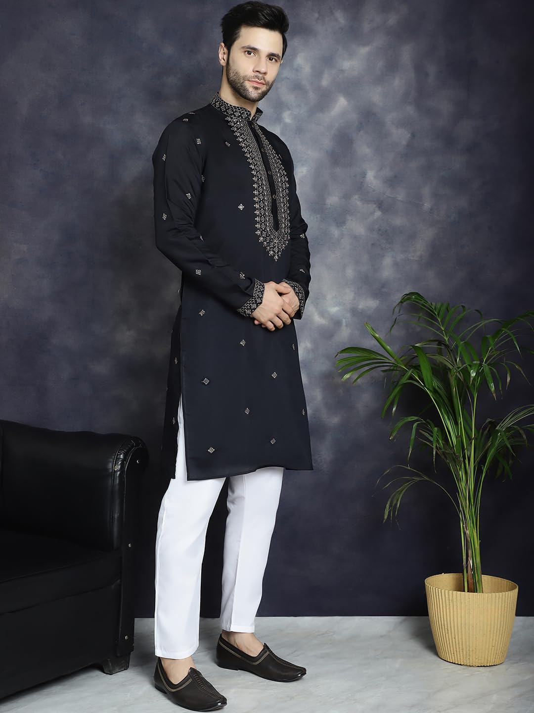 Maple Clothing Embroidered Kurta for Men Silk Blend Designer Neck Sequin Indian Wedding Ethnic Outfit