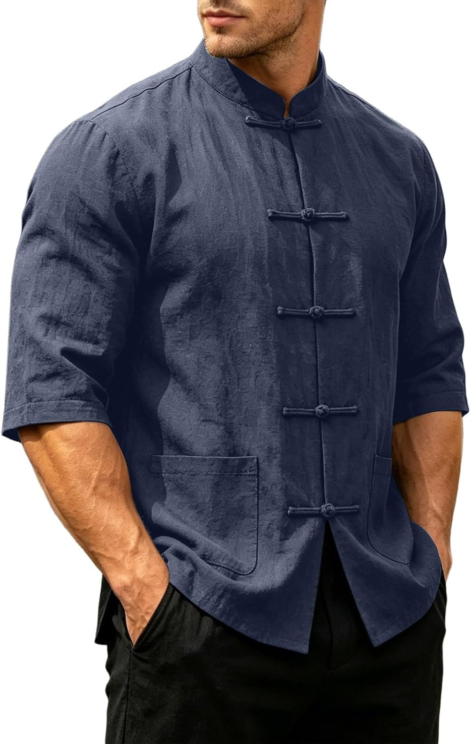 Mens Cotton Linen Kung Fu Shirt Traditional Chinese Tang Suit Vintage 3/4 Sleeve Frog Buttons Lightweight Jacket