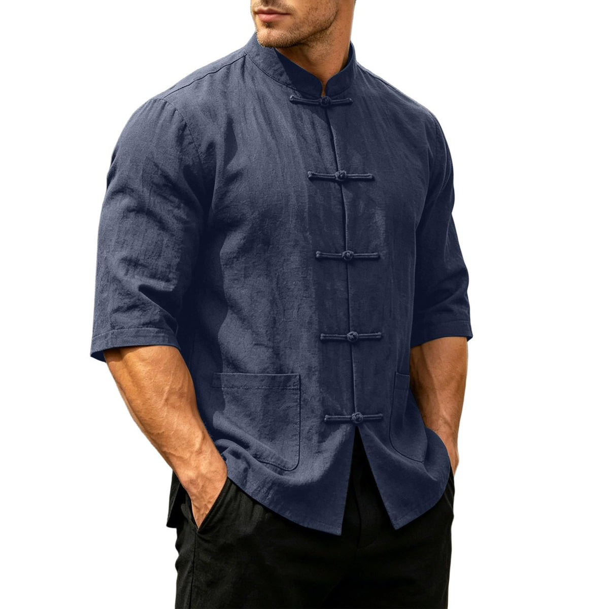 Mens Cotton Linen Kung Fu Shirt Traditional Chinese Tang Suit Vintage 3/4 Sleeve Frog Buttons Lightweight Jacket