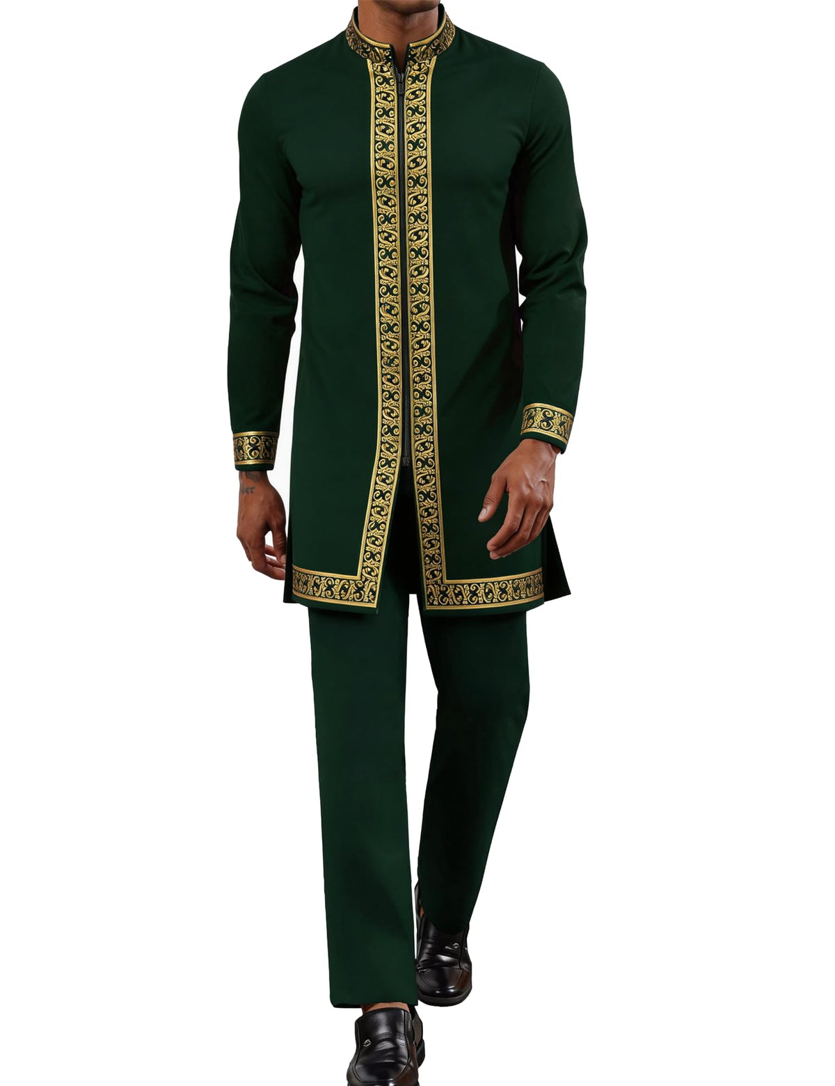 Mens African 2 Piece Set Nigerian Dashiki Shirt and Pants Outfit Gold Metallic Traditional Suit for Wedding Party Vacation