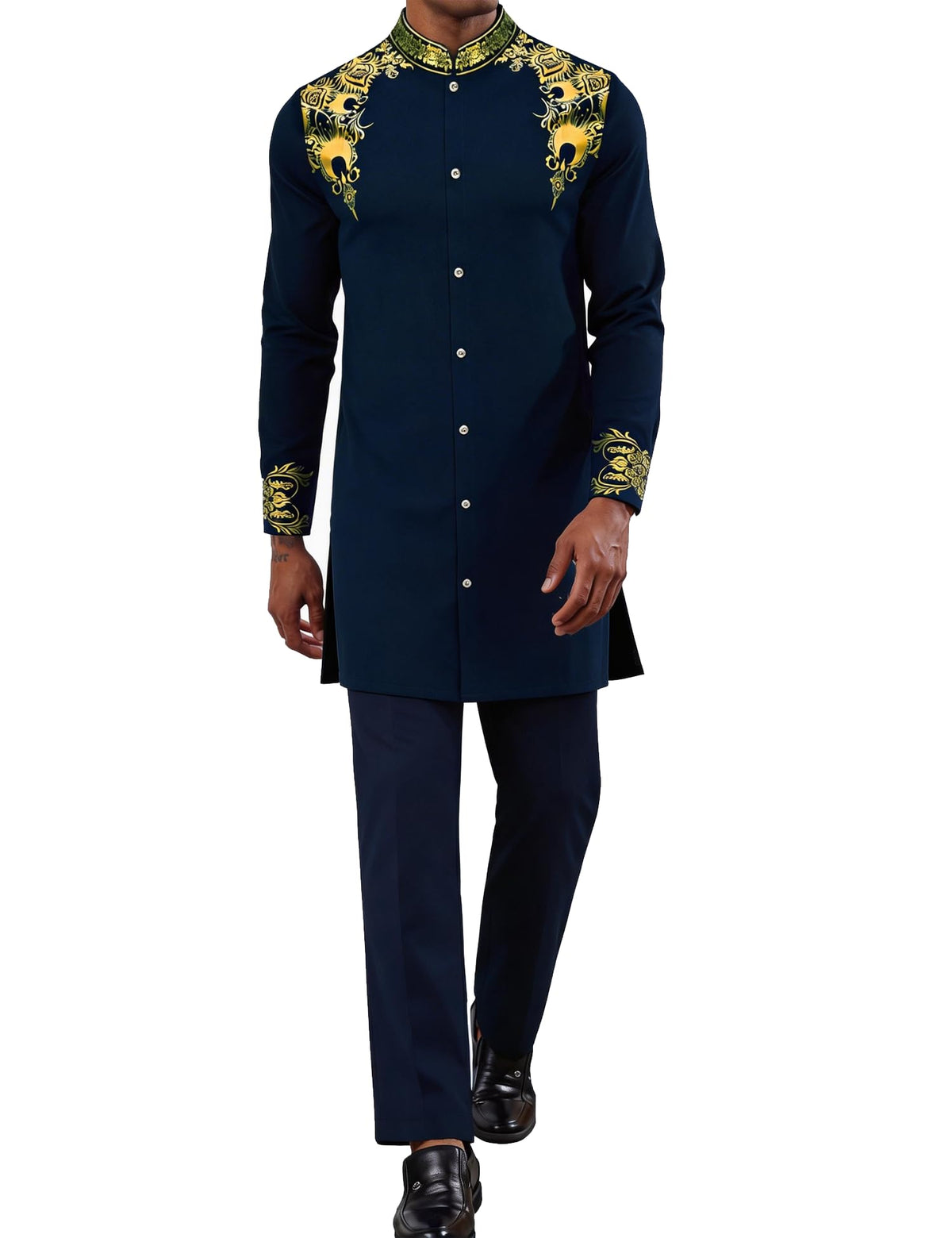 Mens African 2 Piece Set Nigerian Dashiki Metallic Traditional Suit Outfit