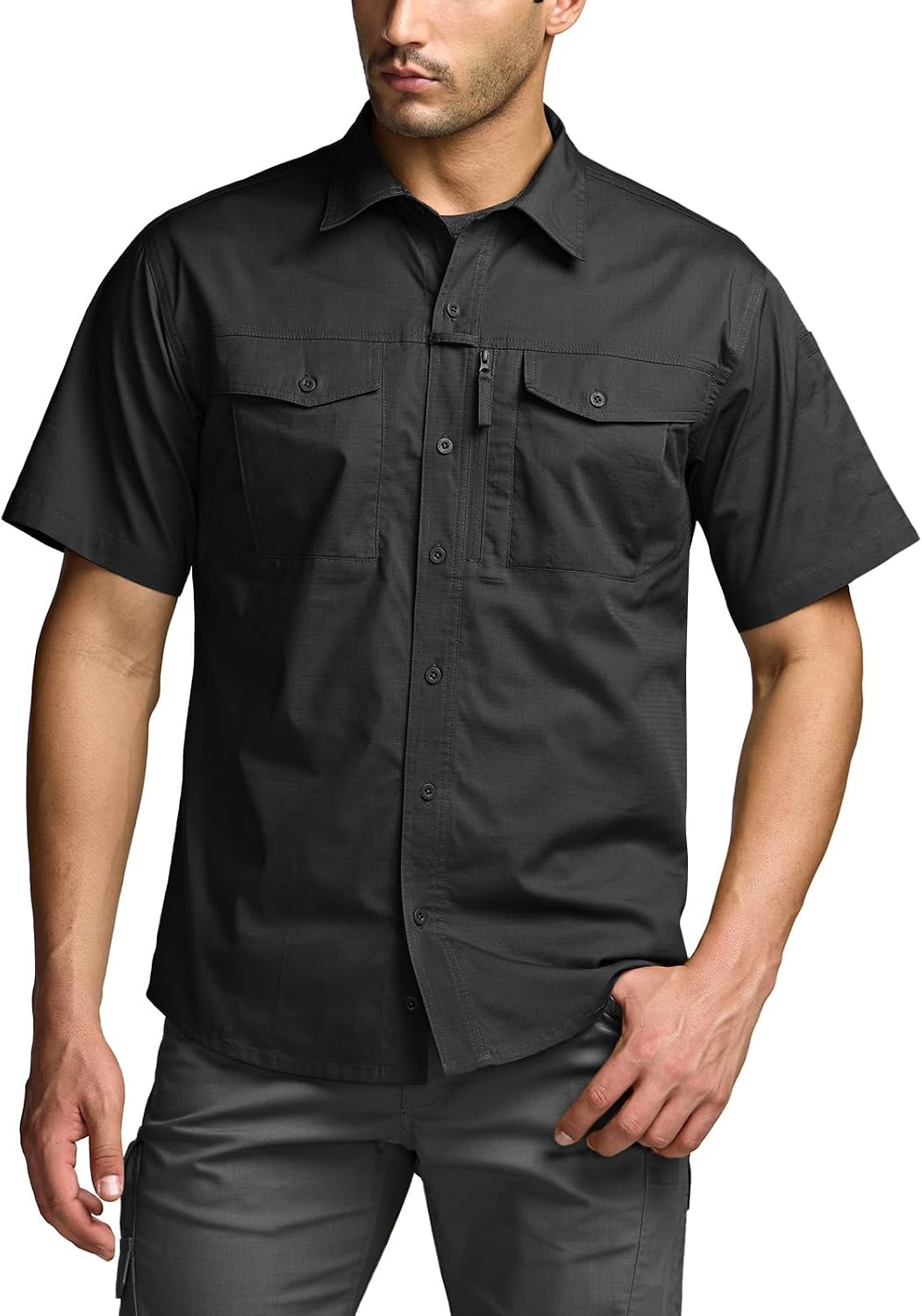 CQR Men's Short Sleeve Tactical Shirts, UPF 50+ Ripstop Military Work Shirts, Breathable Button Down Outdoor Hiking Shirt
