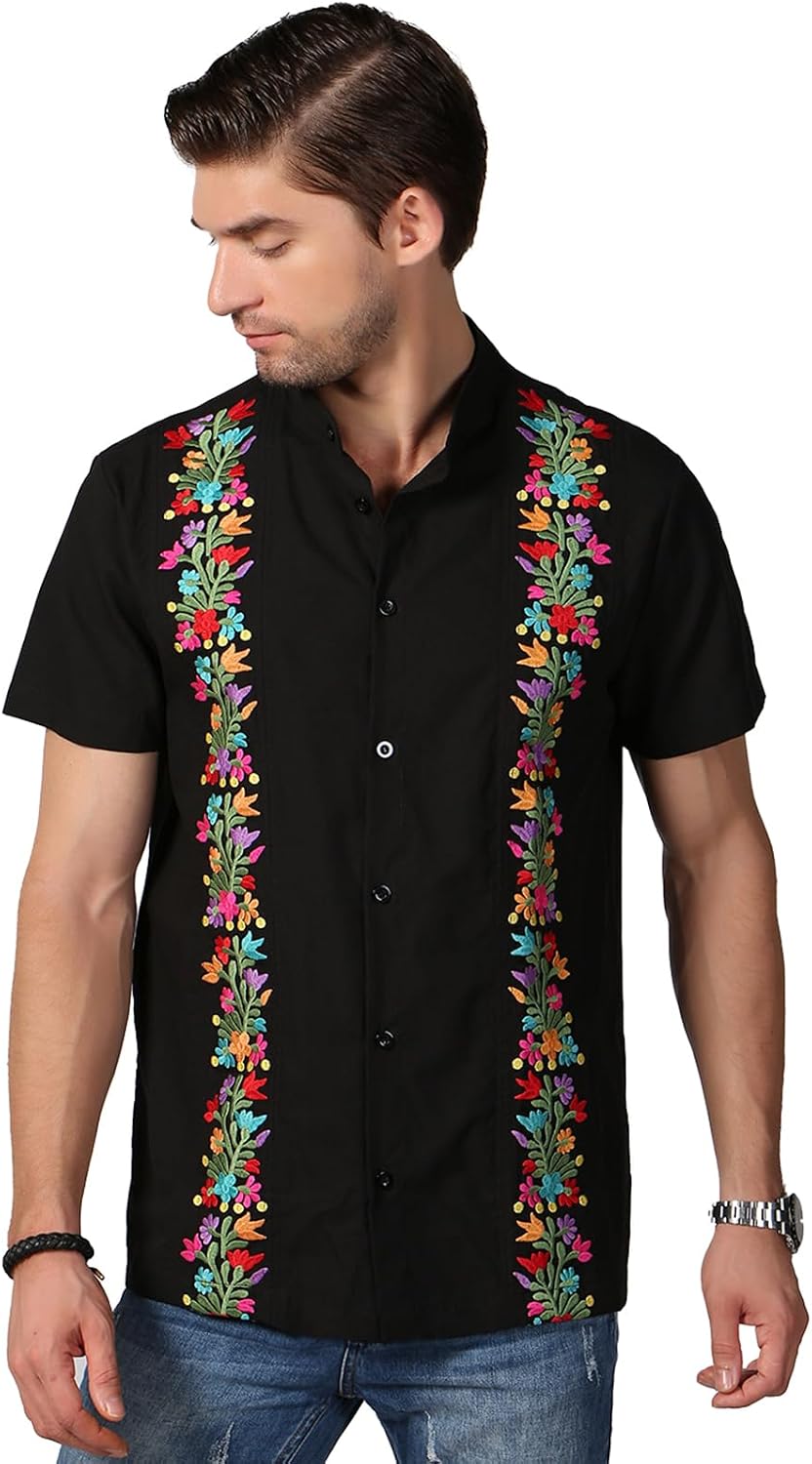 Mexican Shirts for Men Traditional Men's Guayabera Dress Shirts Mens Button Up Band Collar Dress Shirt Fiesta