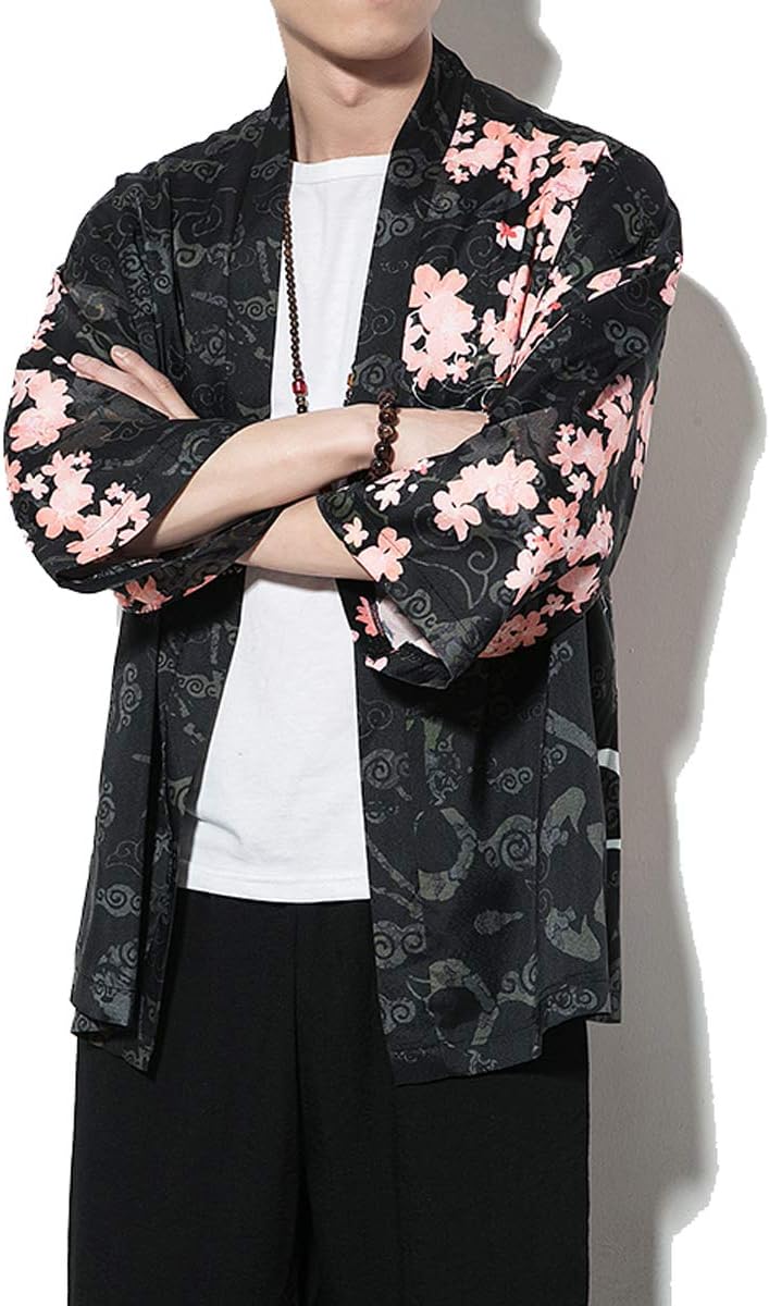 Men's Kimono Cardigan Jacket Japanese Kimono Shirt 3/4 Sleeve Printed Haori