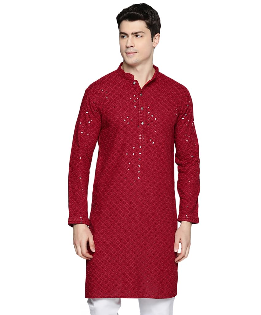 Maple Clothing Sequined Indian Cotton Men's Kurta Pajama Chikankari Embroidered Wedding Guest Outfit