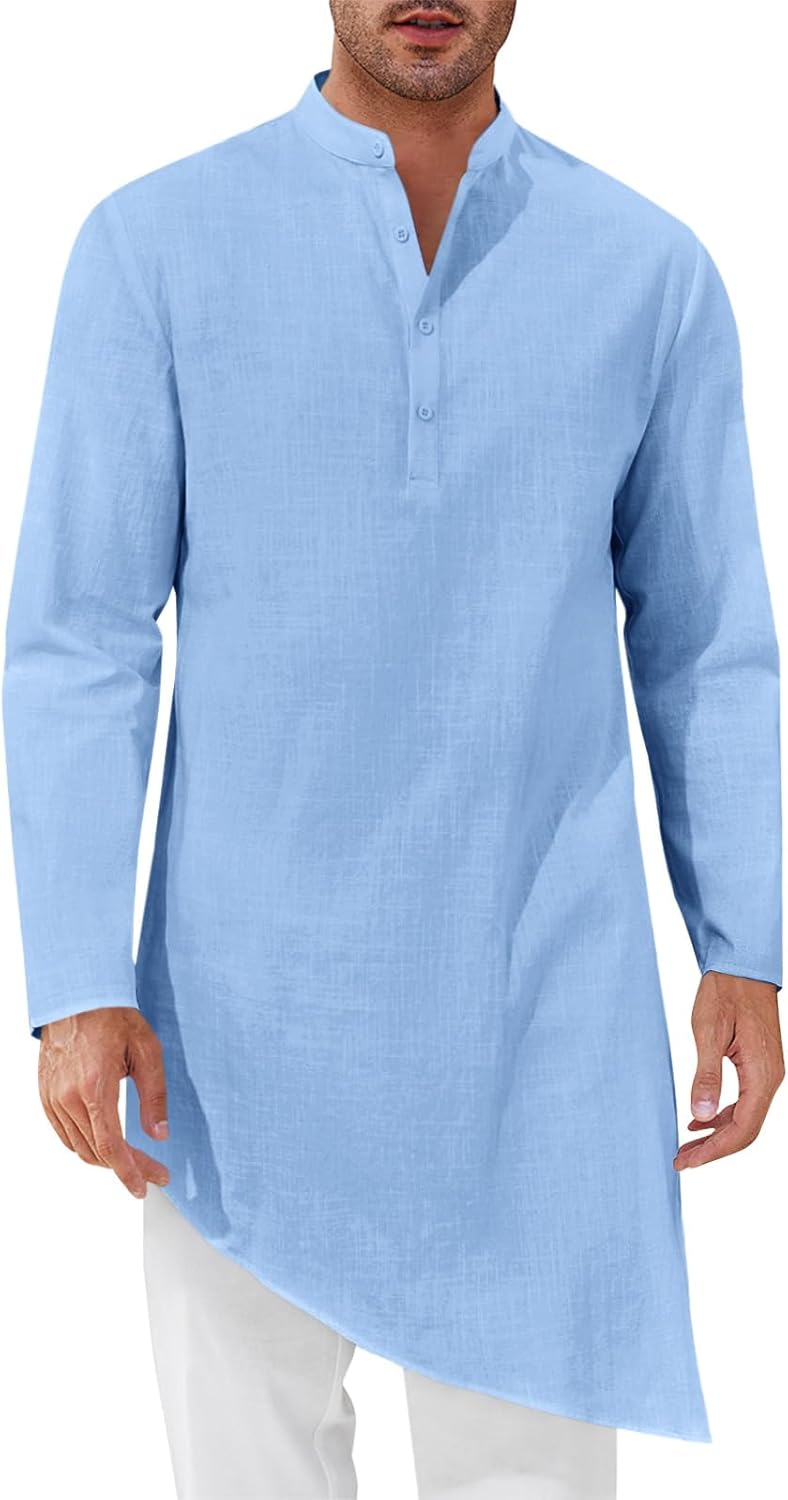 Runcati Mens Kaftan Robe Thobe Cotton Long Sleeve Henley Shirt Casual Muslim Gown Kurta Tops