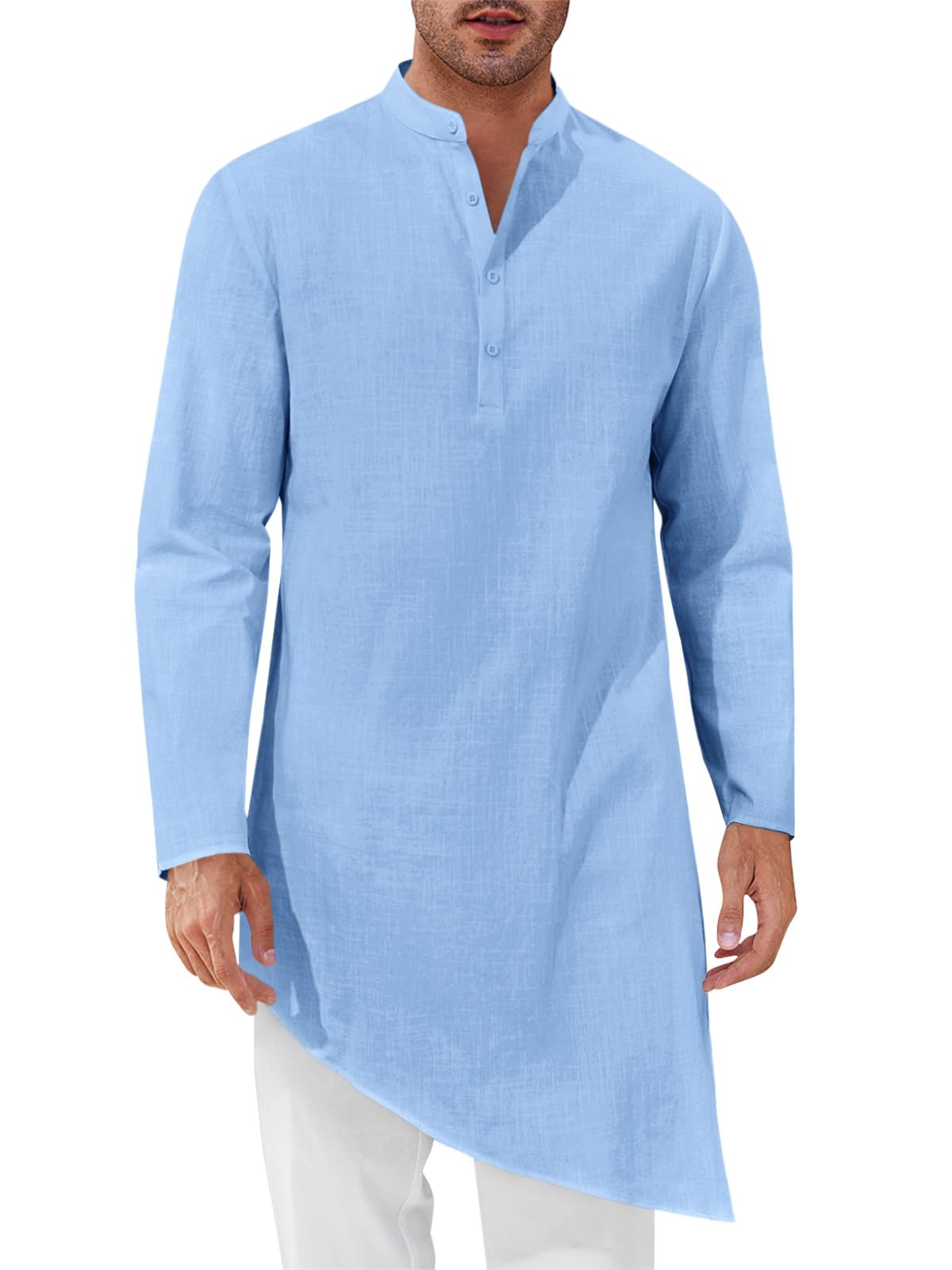 Runcati Mens Kaftan Robe Thobe Cotton Long Sleeve Henley Shirt Casual Muslim Gown Kurta Tops