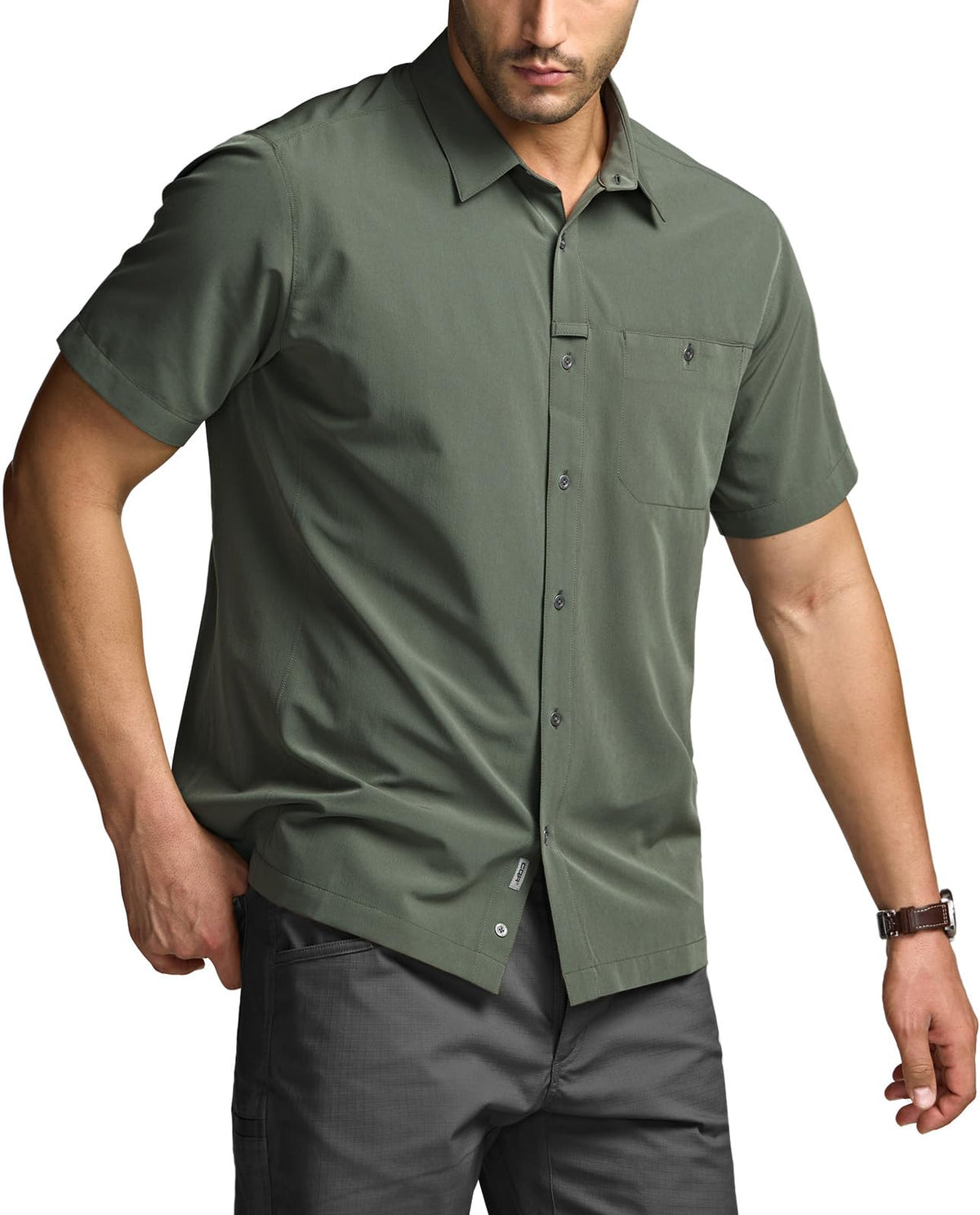 CQR Men's Short Sleeve Tactical Shirts, UPF 50+ Ripstop Military Work Shirts, Breathable Button Down Outdoor Hiking Shirt