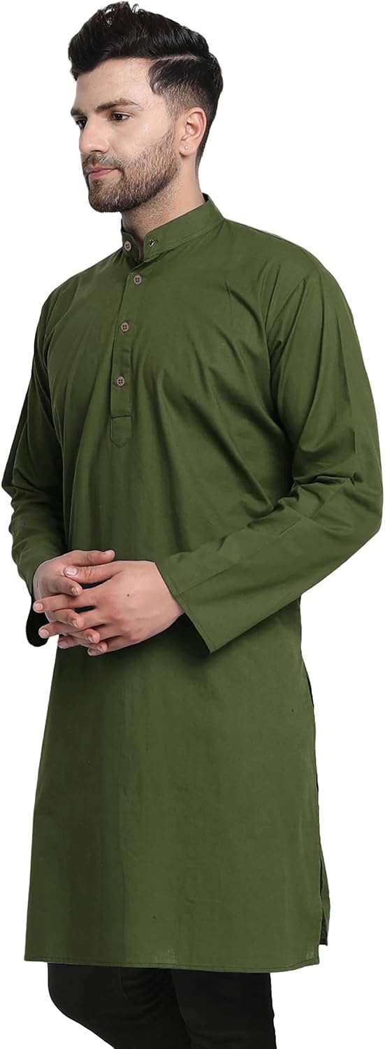 In-Sattva Men's Indian Classic Banded Collar Pure Cotton Long Kurta Tunic