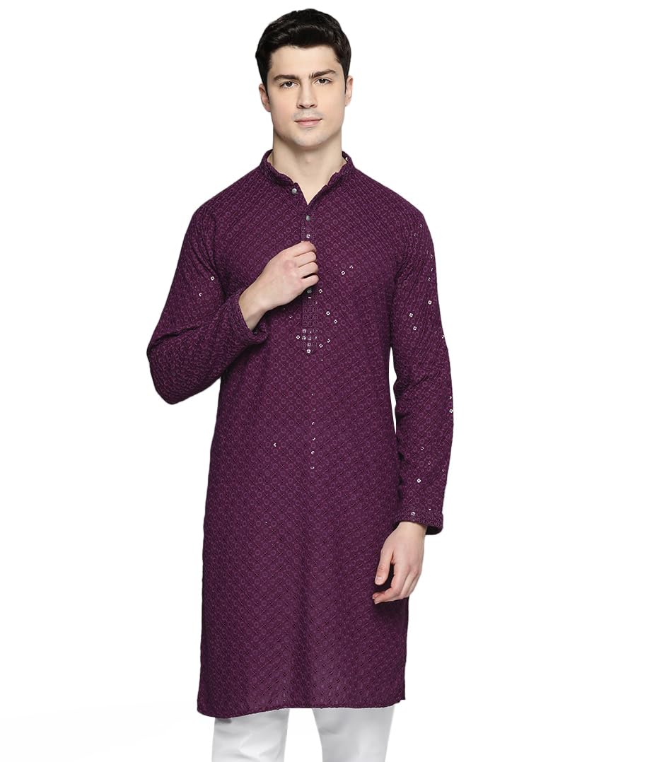 Maple Clothing Sequined Indian Cotton Men's Kurta Pajama Chikankari Embroidered Wedding Guest Outfit