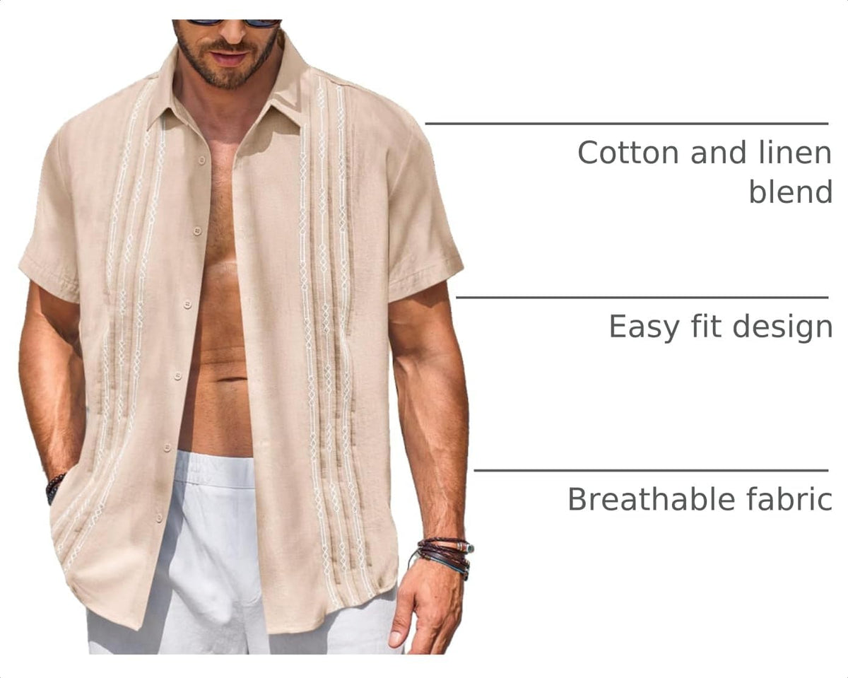 Runcati Mens Short Sleeve Guayabera Shirts Linen Button Down Cuban Shirt