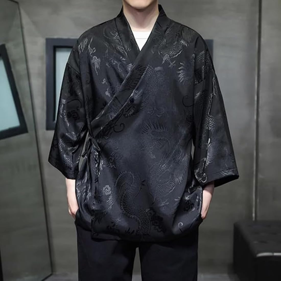 HZCX FASHION Cardigan Kimono for Men Black Silk Satin Robe Mens Lightweight Traditional Hanfu Silky Chinese Dragon Shirt