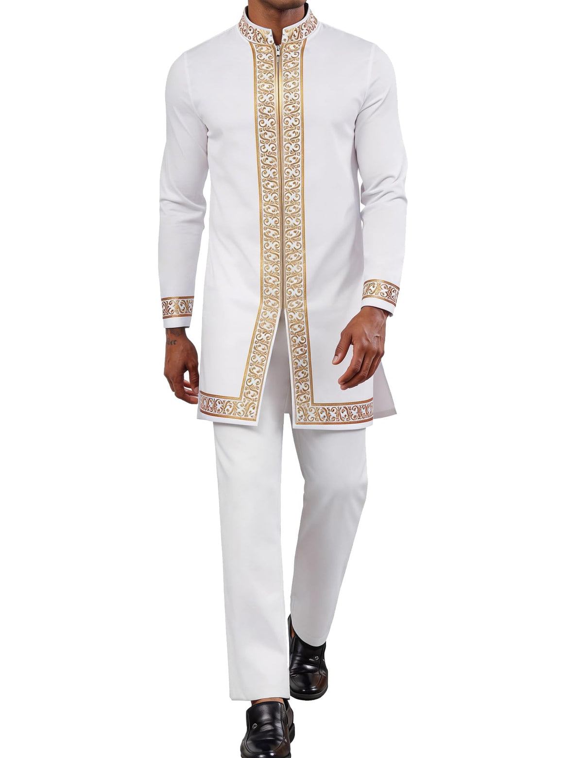 Mens African 2 Piece Set Nigerian Dashiki Shirt and Pants Outfit Gold Metallic Traditional Suit for Wedding Party Vacation