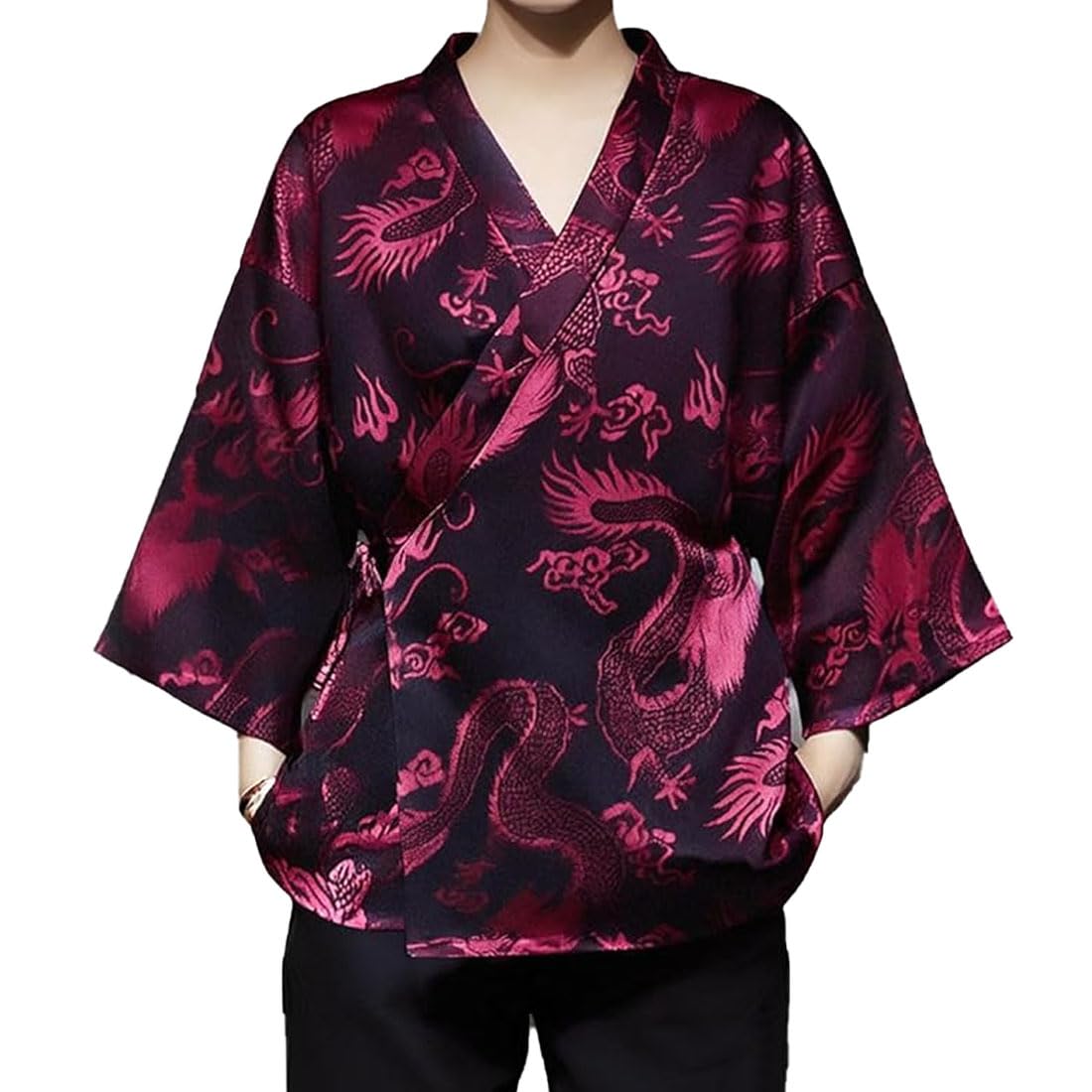 HZCX FASHION Cardigan Kimono for Men Black Silk Satin Robe Mens Lightweight Traditional Hanfu Silky Chinese Dragon Shirt