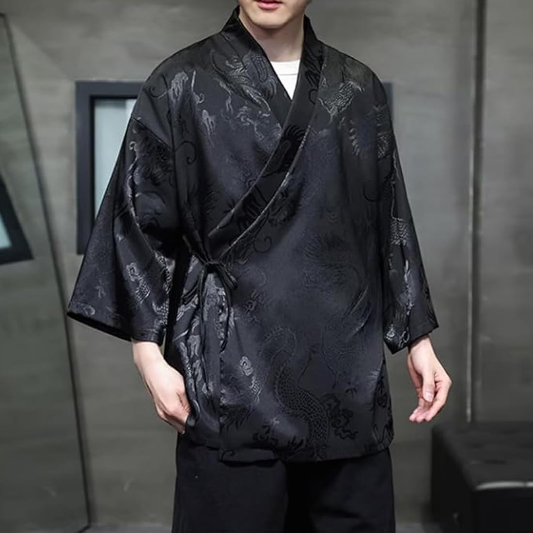HZCX FASHION Cardigan Kimono for Men Black Silk Satin Robe Mens Lightweight Traditional Hanfu Silky Chinese Dragon Shirt
