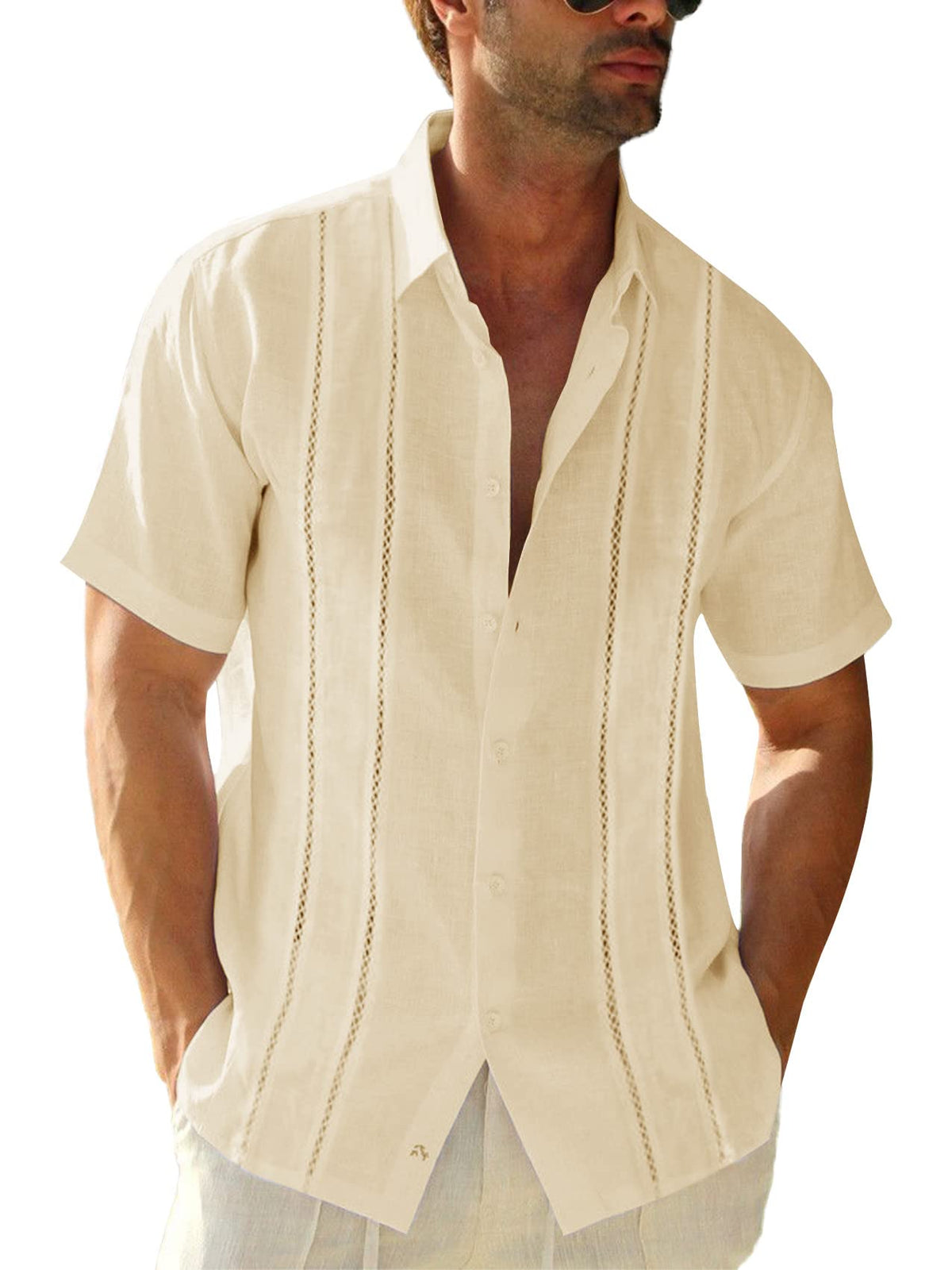 Runcati Mens Short Sleeve Guayabera Shirts Linen Button Down Cuban Shirt