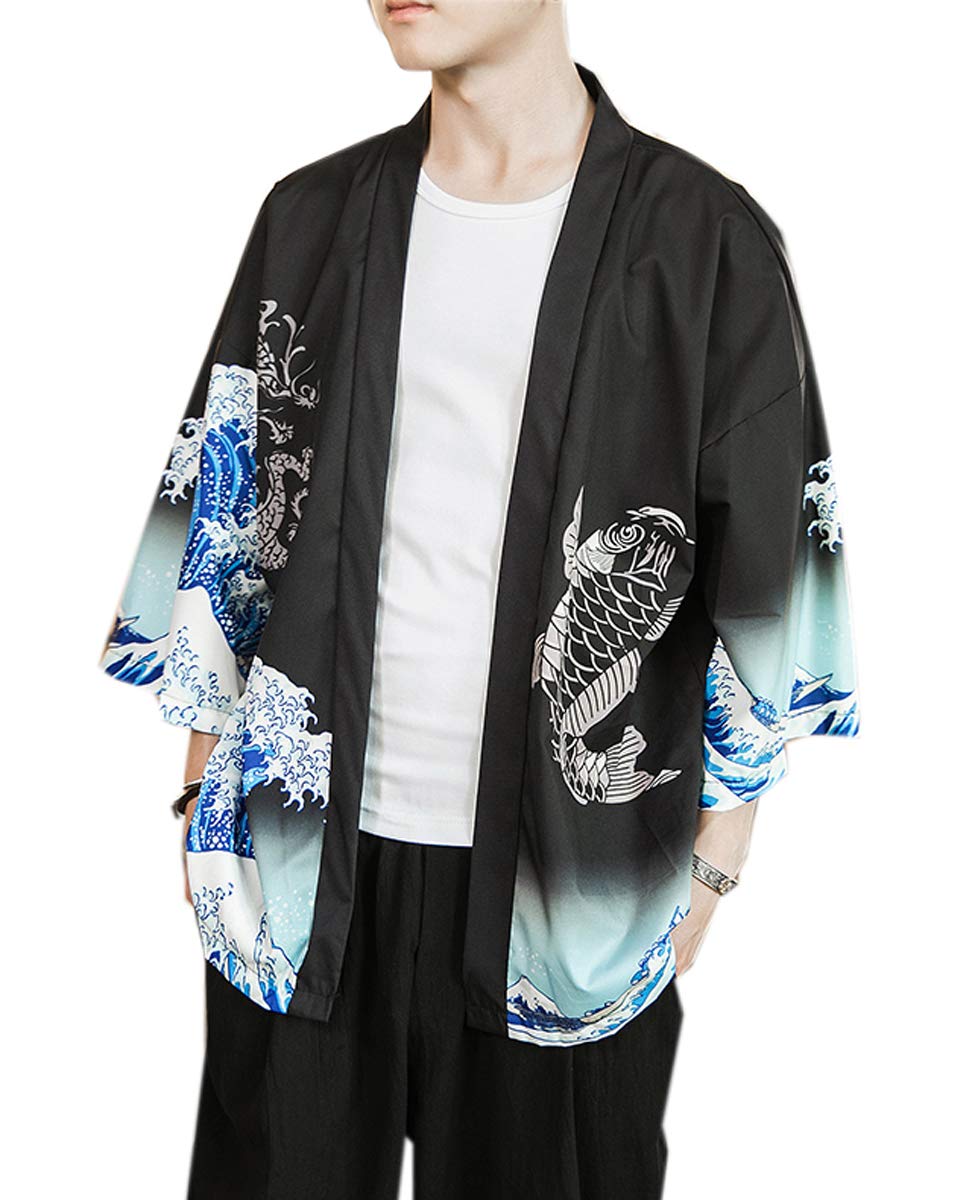 Men's Kimono Cardigan Jacket Japanese Kimono Shirt 3/4 Sleeve Printed Haori