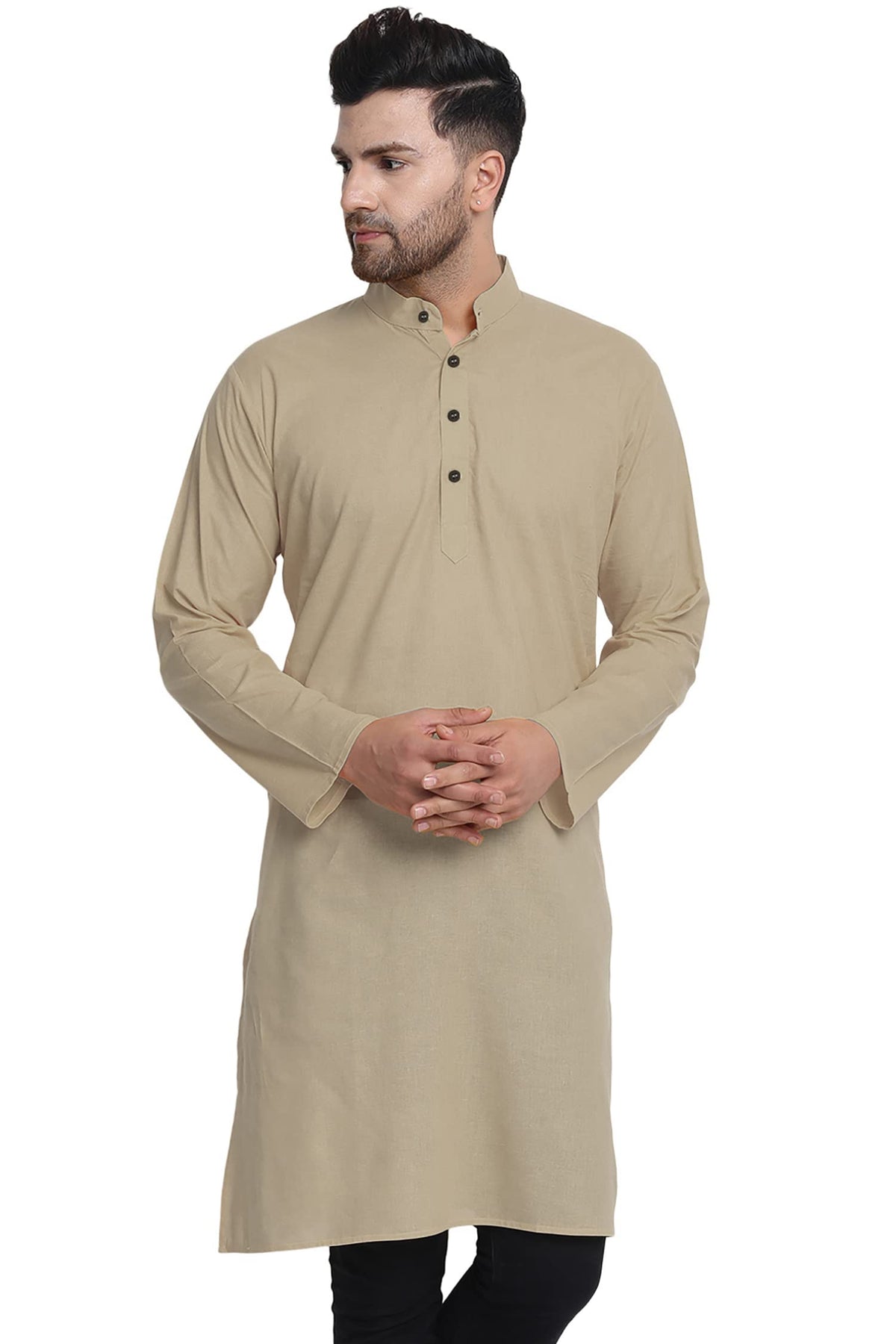 In-Sattva Men's Indian Classic Banded Collar Pure Cotton Long Kurta Tunic