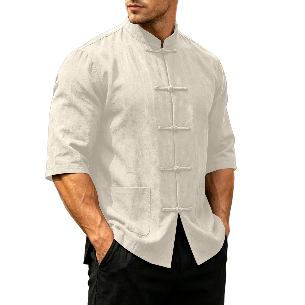 Mens Cotton Linen Kung Fu Shirt Traditional Chinese Tang Suit Vintage 3/4 Sleeve Frog Buttons Lightweight Jacket