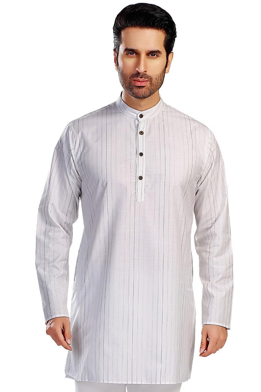 In-Sattva Men's Indian Classic Banded Collar Pure Cotton Long Kurta Tunic