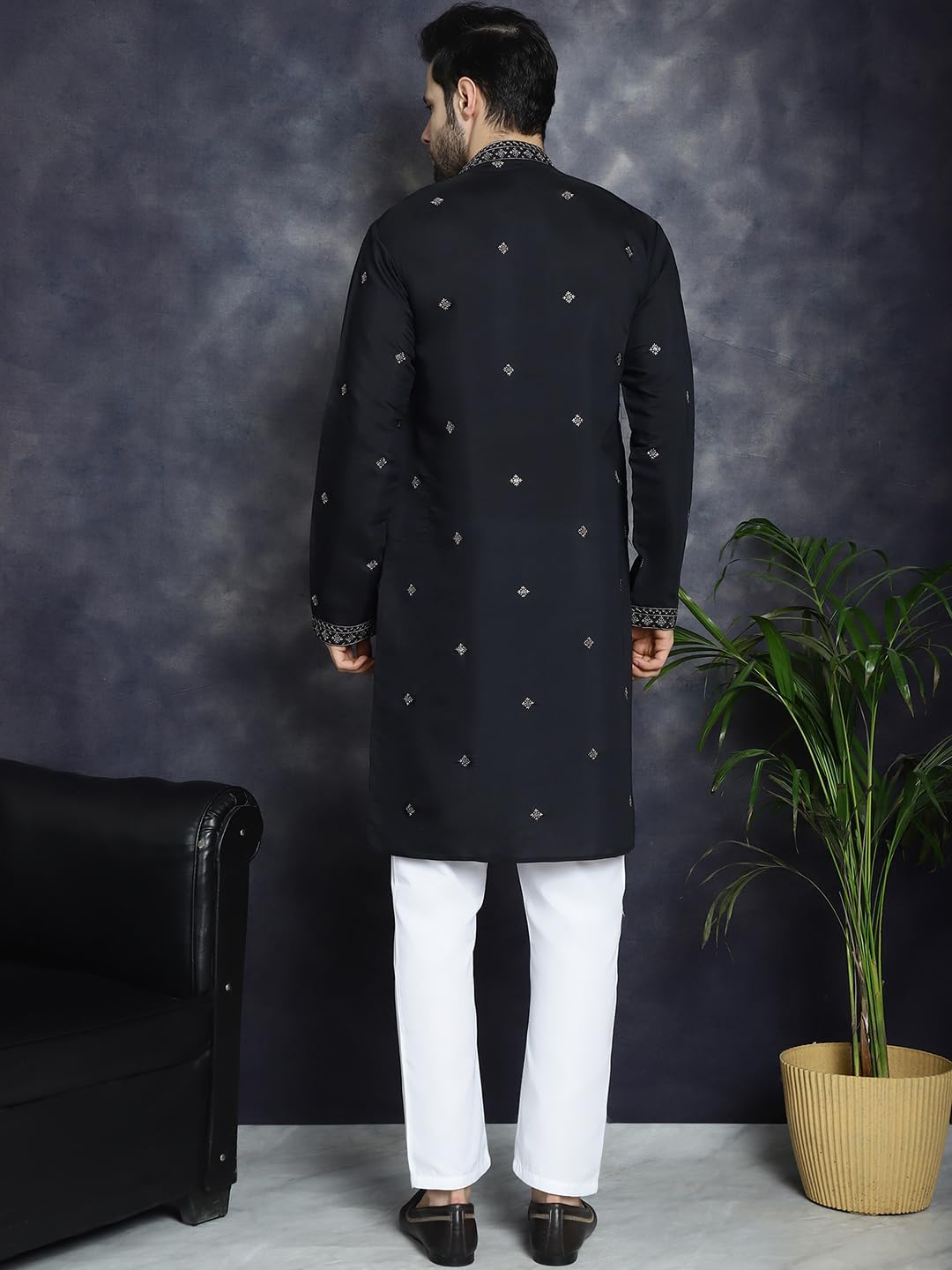 Maple Clothing Embroidered Kurta for Men Silk Blend Designer Neck Sequin Indian Wedding Ethnic Outfit