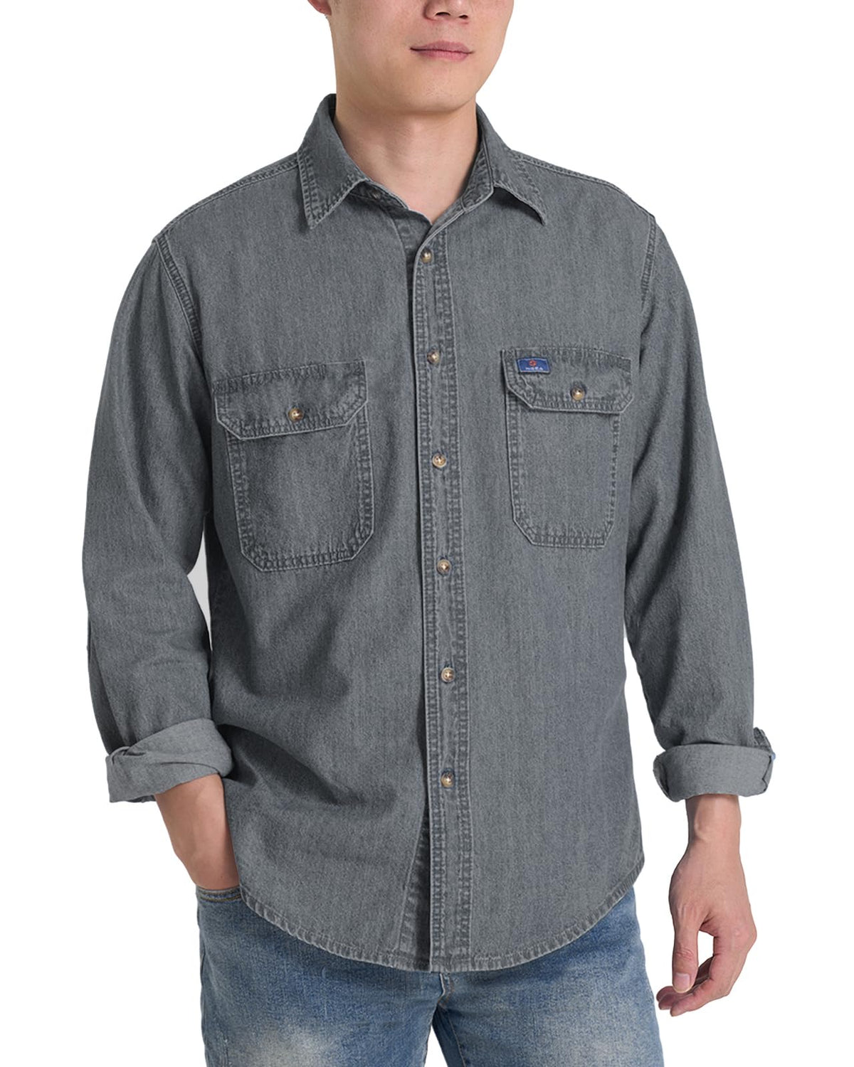 HISEA Mens Long Sleeve Denim Shirt, Button Down Jean Work Shirt Regular Fit