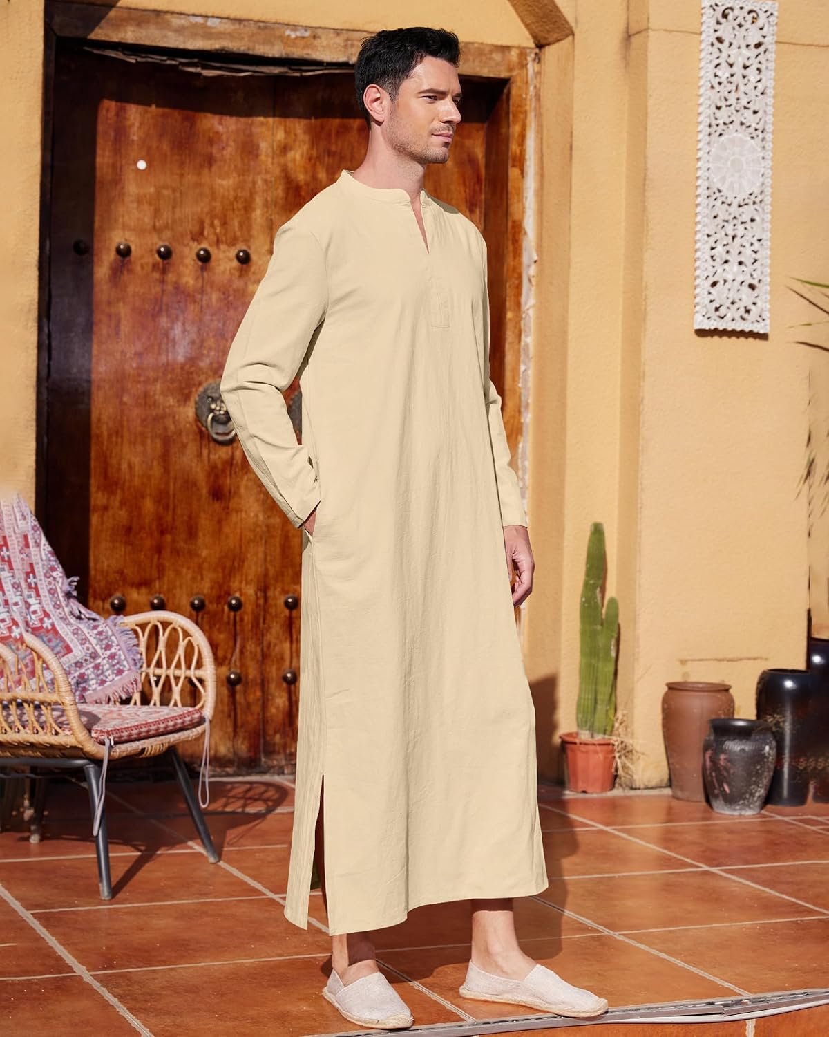 LVCBL Kaftan Thobe for Men Big And Tall Muslim Robe Mens Long Sleeve Caftan