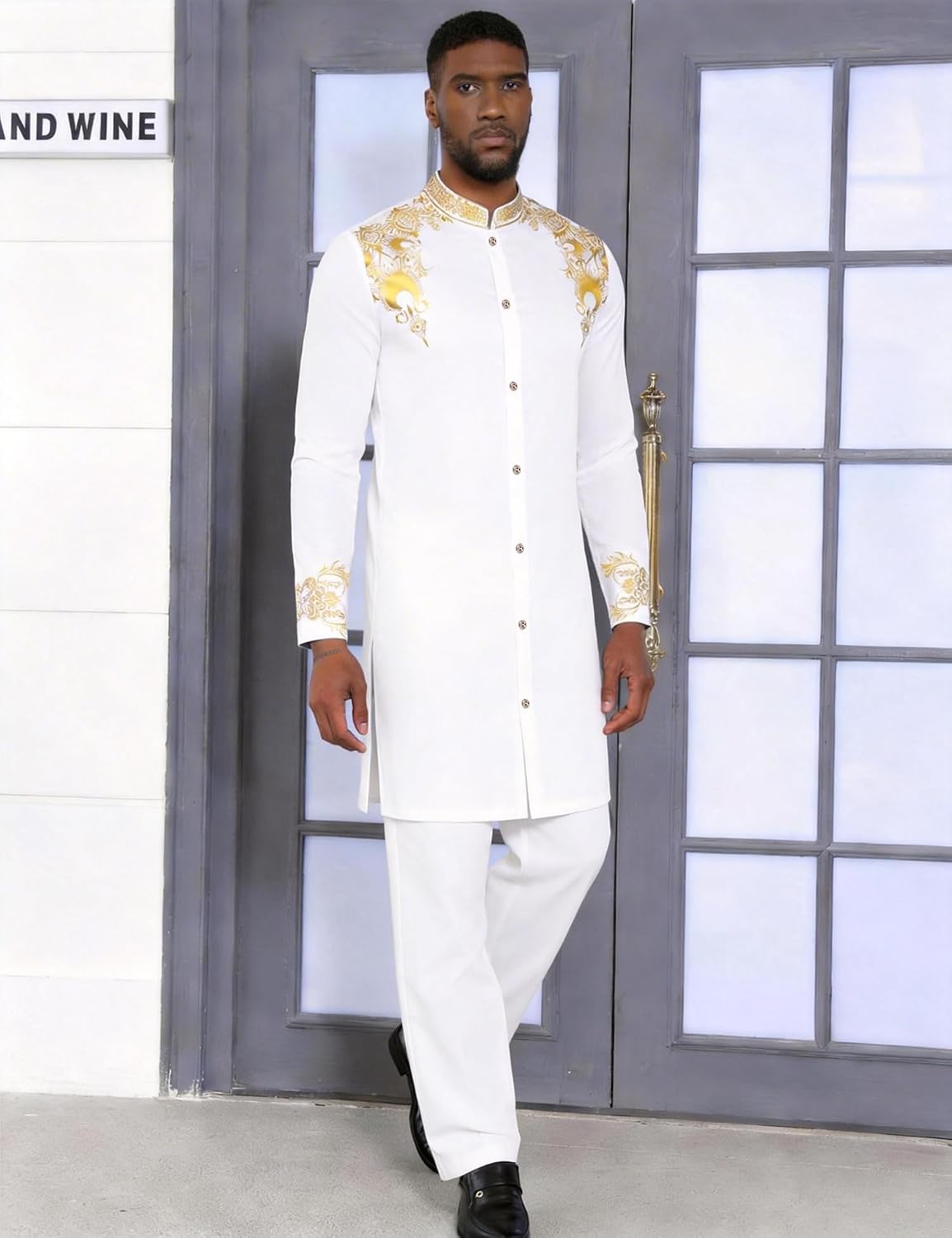 Mens African 2 Piece Set Nigerian Dashiki Metallic Traditional Suit Outfit