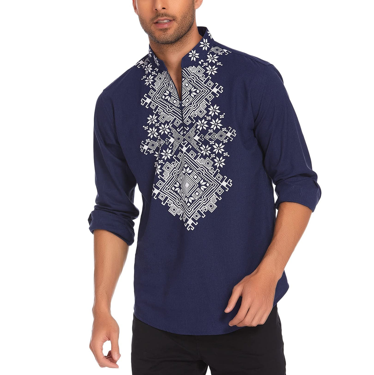 COOFANDY Men's Henley Shirt Vyshyvanka Long Sleeve African Print Shirts Casual Zip Up Cotton Linen Beach Hippie Shirt