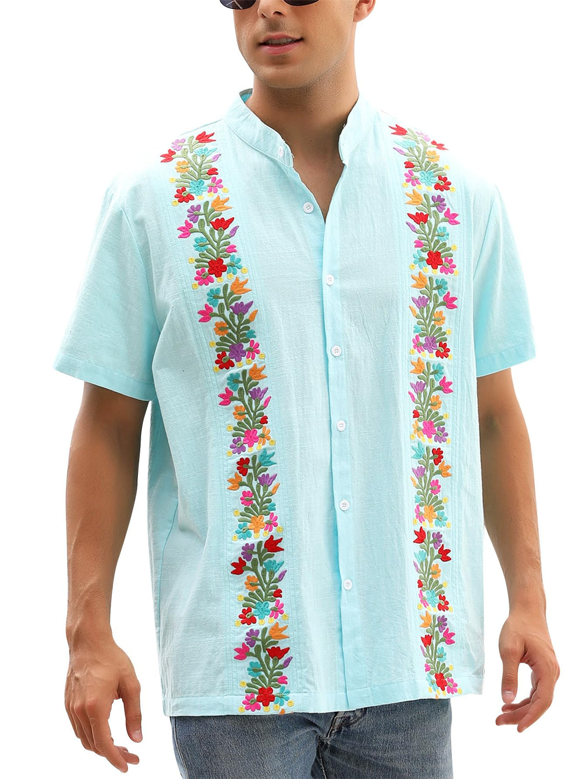 Mexican Shirts for Men Traditional Men's Guayabera Dress Shirts Mens Button Up Band Collar Dress Shirt Fiesta