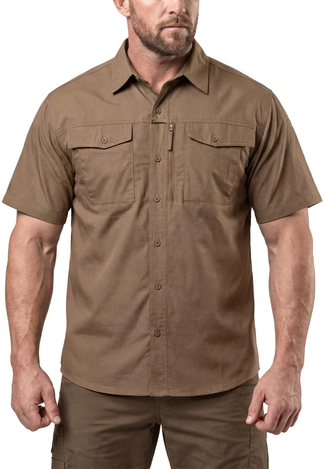 CQR Men's Short Sleeve Tactical Shirts, UPF 50+ Ripstop Military Work Shirts, Breathable Button Down Outdoor Hiking Shirt