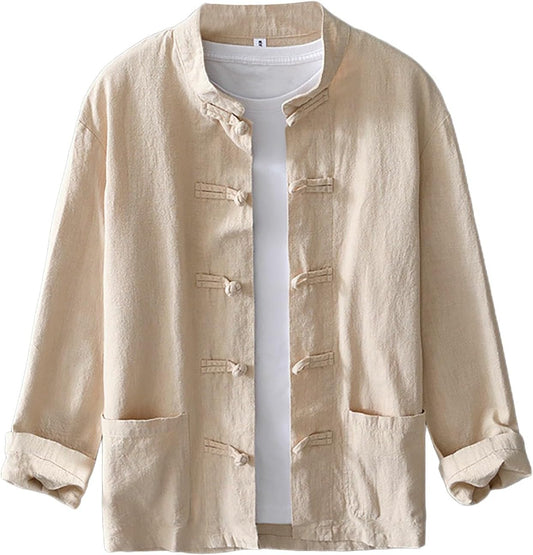 Men's Shirt Tang Suit Shirt Long Sleeve Traditional Kung Fu Uniform Chinese Frog Buttons Lightweight Jacket Summer