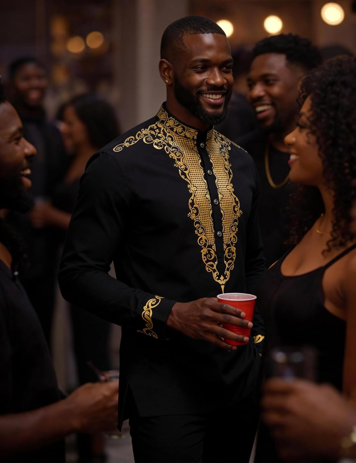 Mens Nigerian Dashiki Shirt African Print Tunic Top Button Placket Metallic Gold Stamp Traditional Clothing for Wedding Party