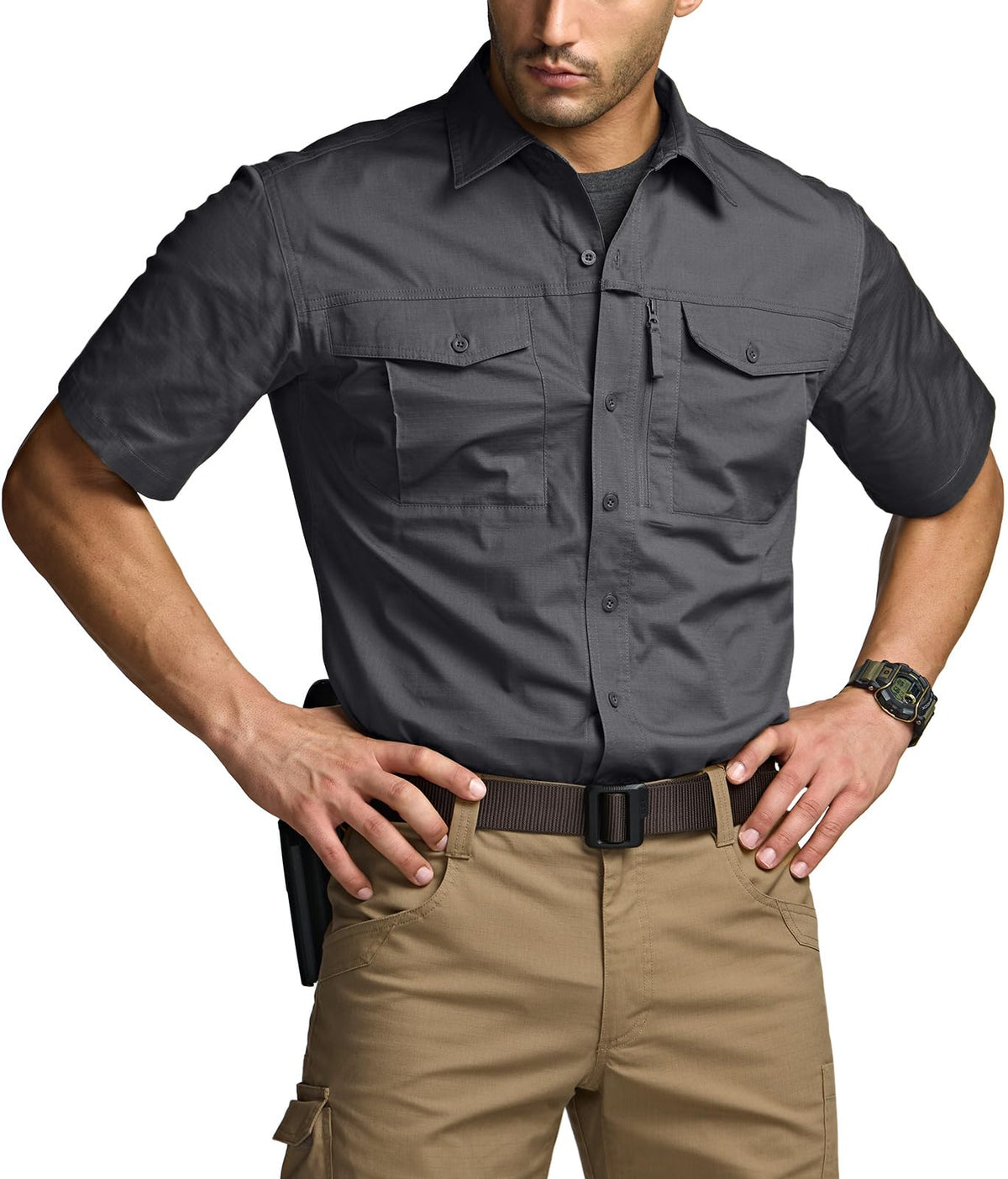 CQR Men's Short Sleeve Tactical Shirts, UPF 50+ Ripstop Military Work Shirts, Breathable Button Down Outdoor Hiking Shirt