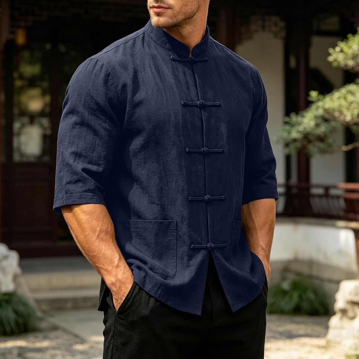 Mens Cotton Linen Kung Fu Shirt Traditional Chinese Tang Suit Vintage 3/4 Sleeve Frog Buttons Lightweight Jacket