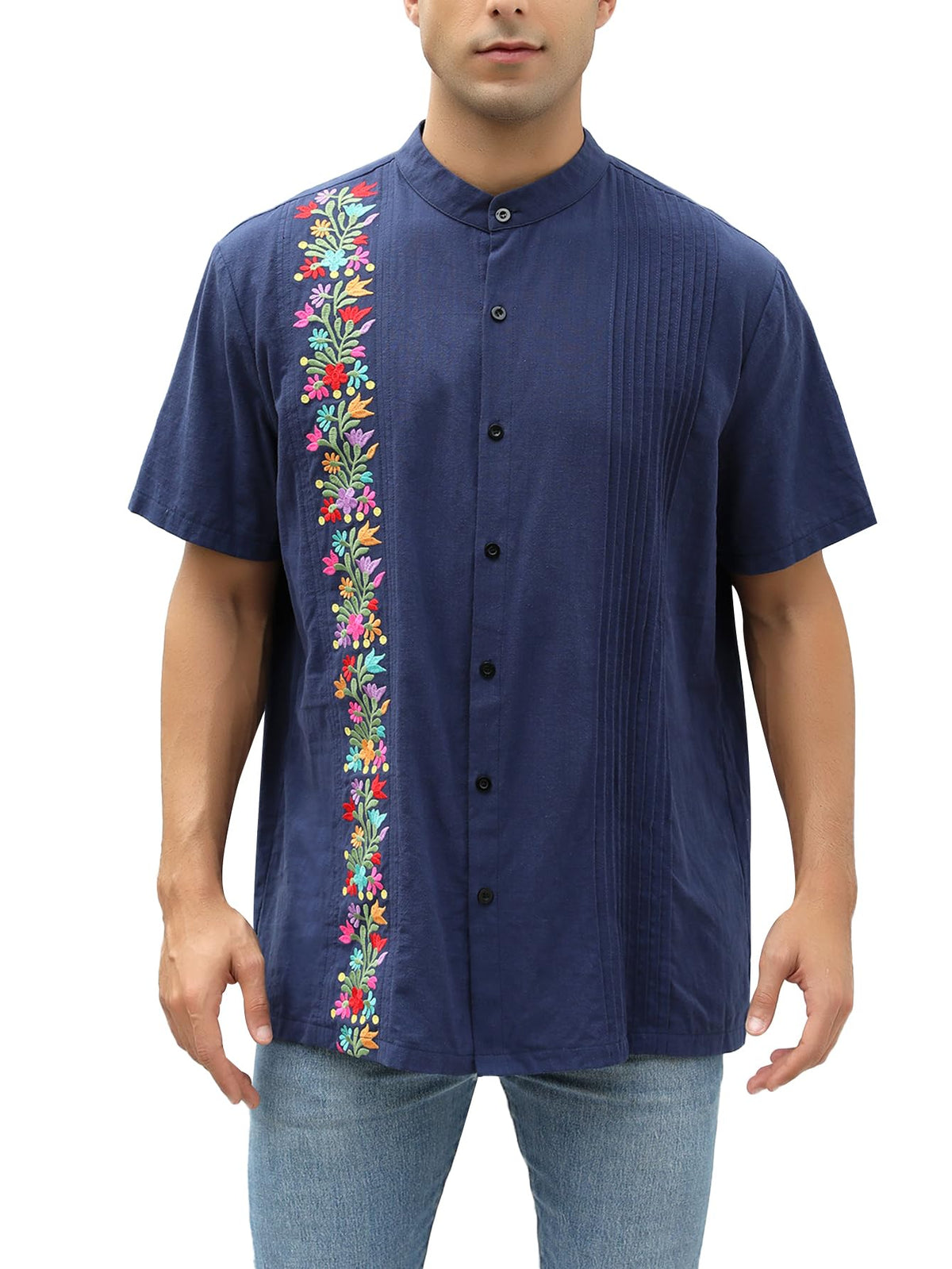 Mexican Shirts for Men Traditional Men's Guayabera Dress Shirts Mens Button Up Band Collar Dress Shirt Fiesta