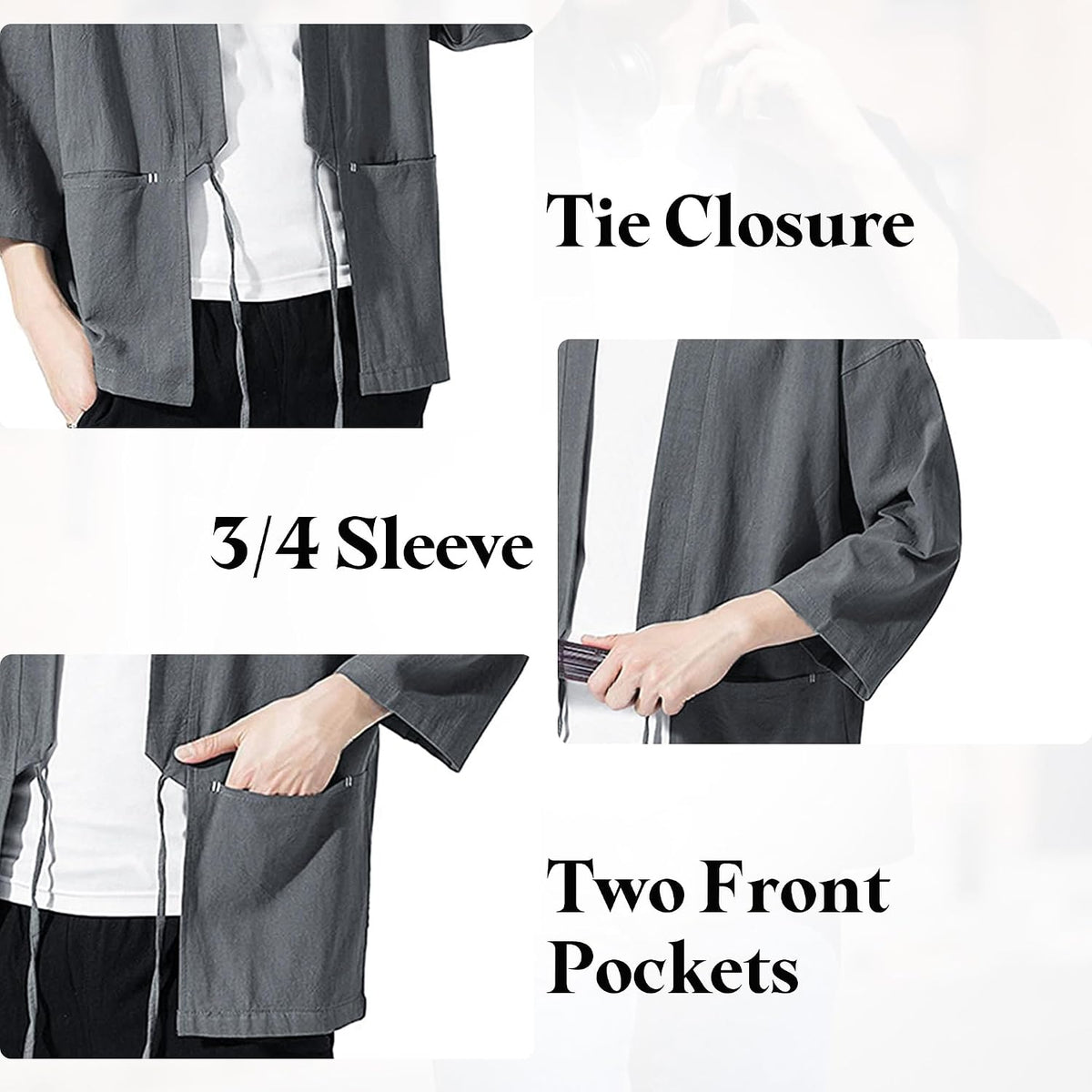 Haseil Men's Kimono Cardigan Japanese Jackets Casual Cotton 3/4 Sleeve Shirt Open Front Coat Lightweight Linen Outwear