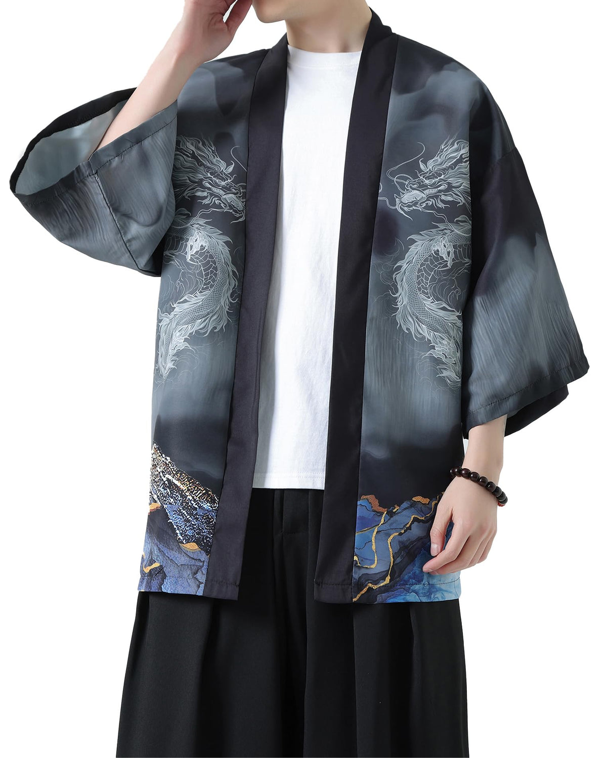 Men's Kimono Cardigan Jacket Japanese Kimono Shirt 3/4 Sleeve Printed Haori