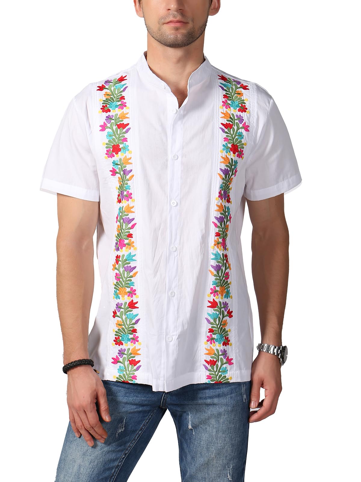 Mexican Shirts for Men Traditional Men's Guayabera Dress Shirts Mens Button Up Band Collar Dress Shirt Fiesta